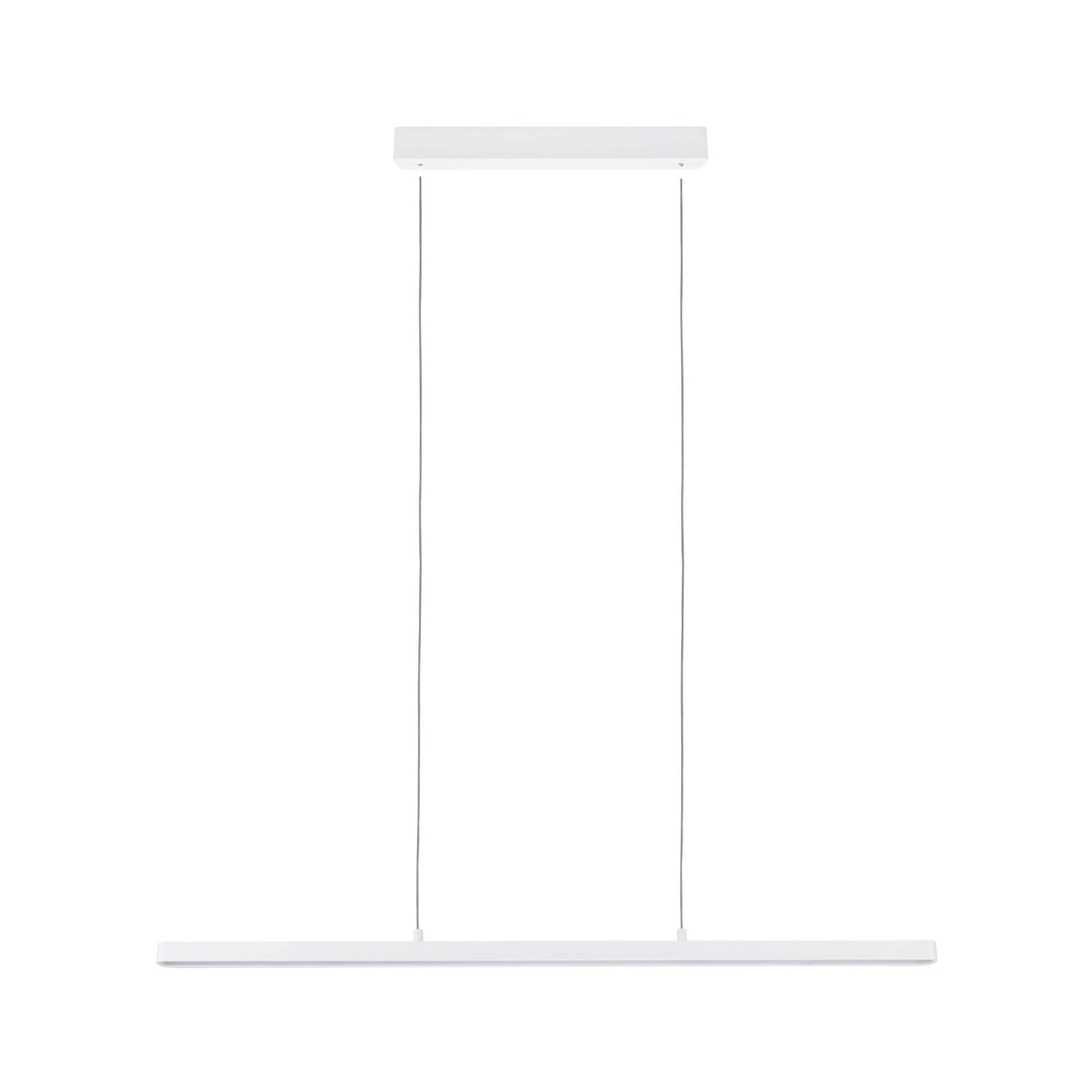 Biała, liniowa lampa wisząca z cienkimi linkami.
