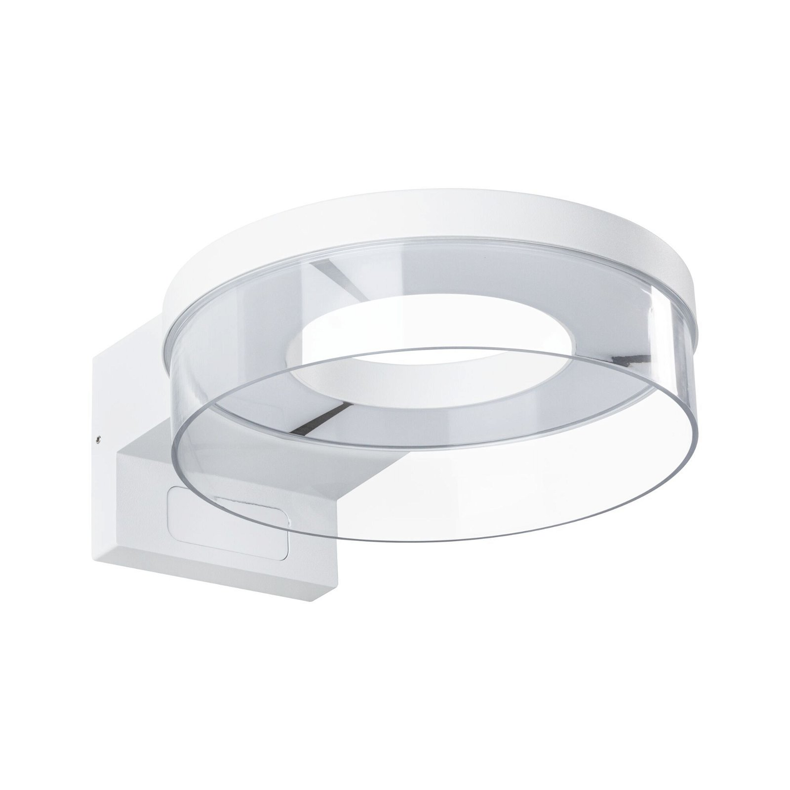 Biała zewnętrzna lampa ścienna z okrągłym designem i przezroczystą osłoną.