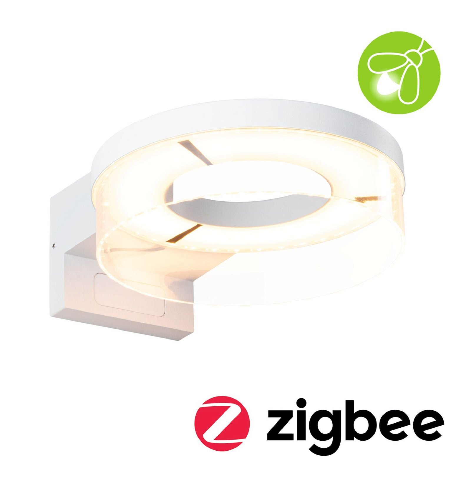 Biała okrągła zewnętrzna lampa ścienna z przezroczystą osłoną i logo Zigbee.
