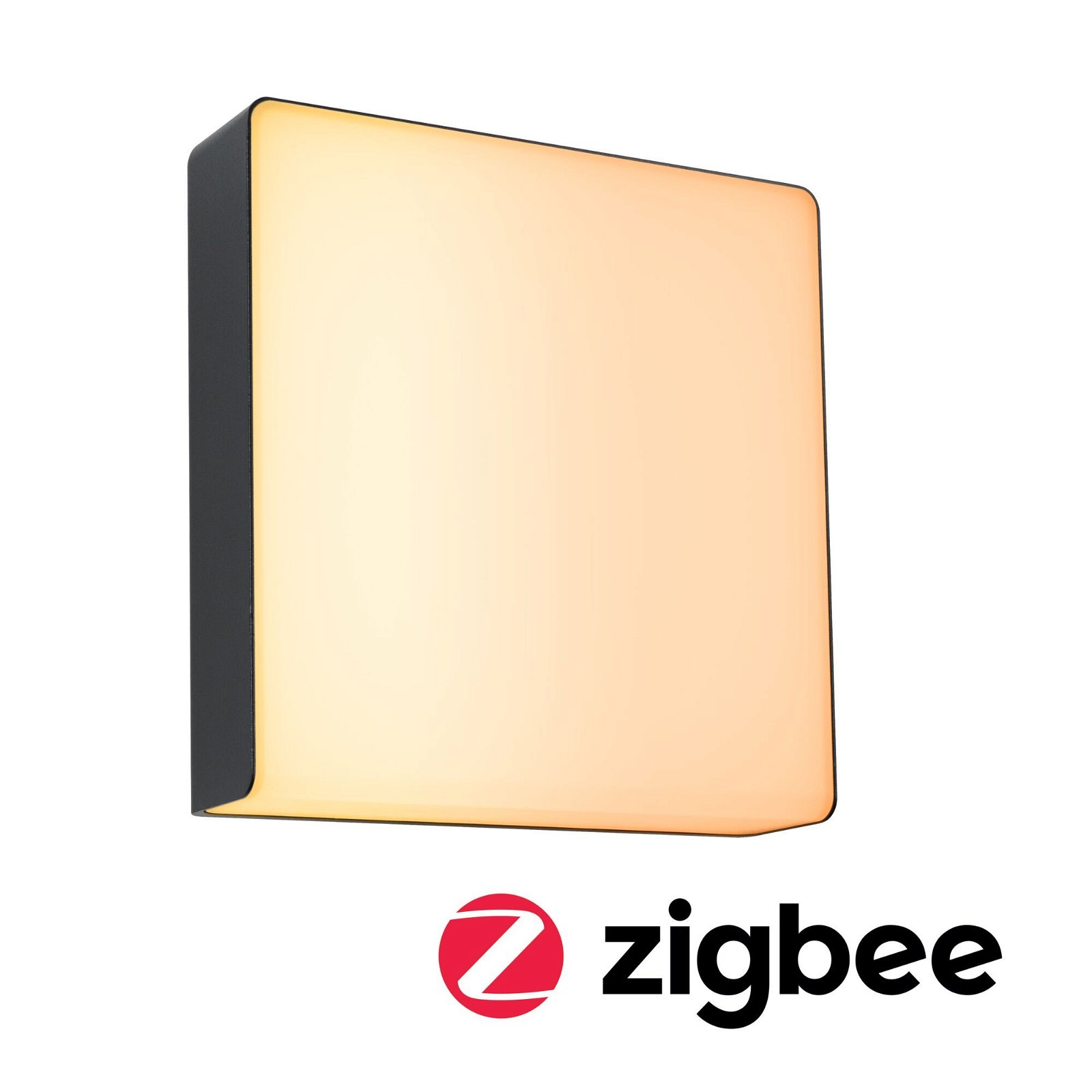 Kwadratowe, czarne światło z jasnożółtą poświatą i logo zigbee.
