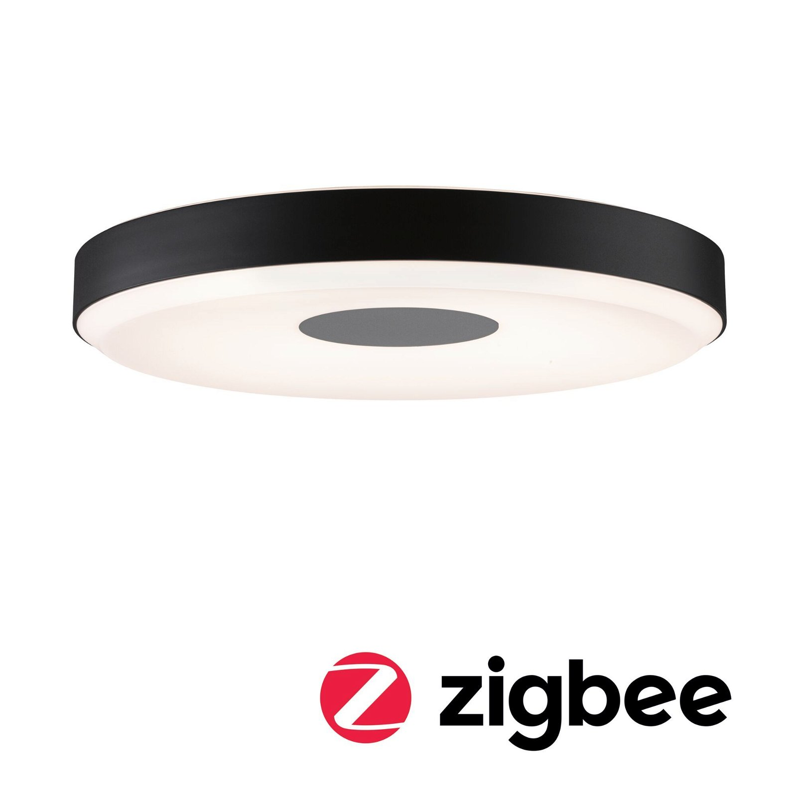 Eine schwarz-weiße Deckenleuchte mit einem zentralen kreisförmigen Licht und dem Zigbee-Logo.