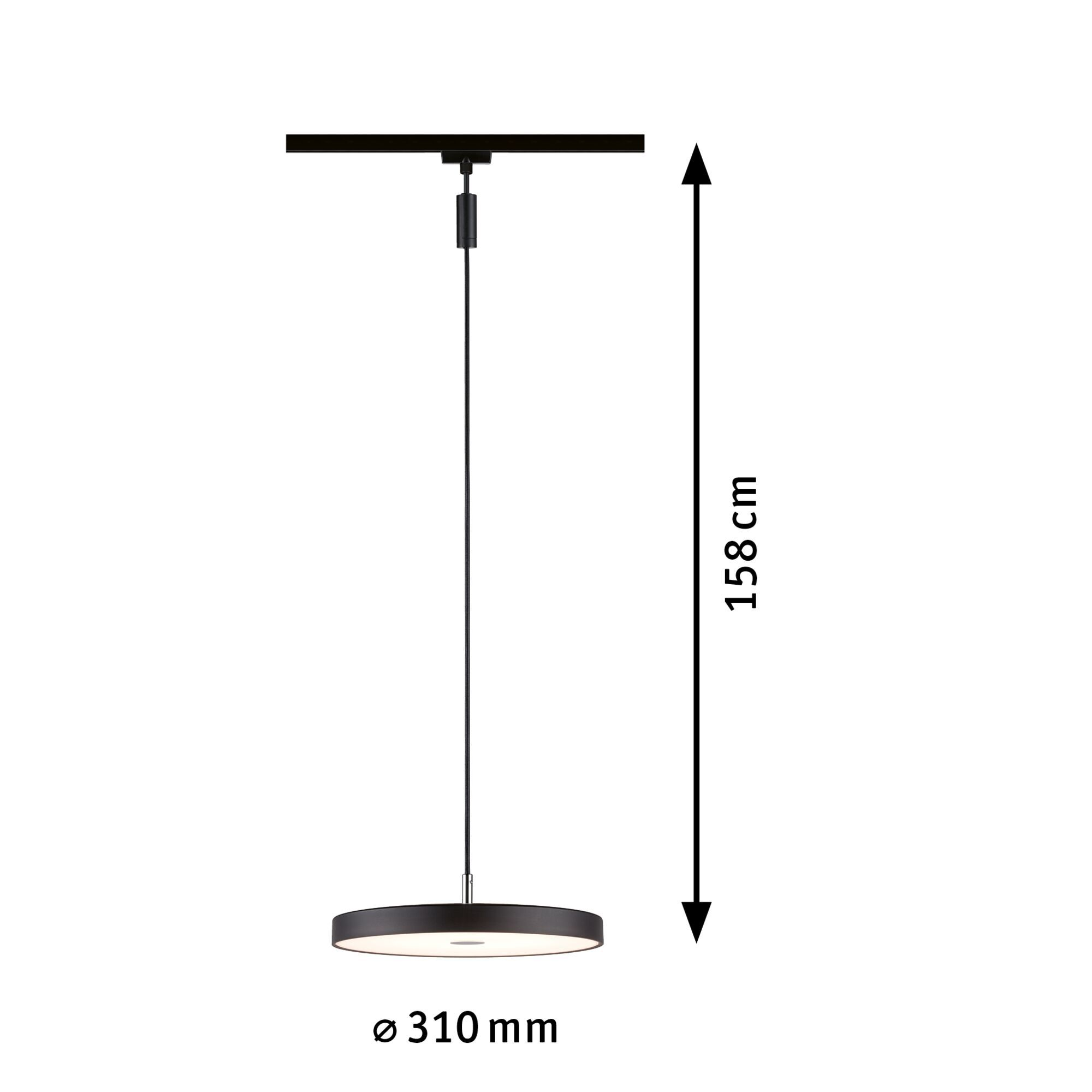 Schwarze Pendelleuchte mit kreisförmigem Lampenschirm. Die Höhe beträgt 158 cm.