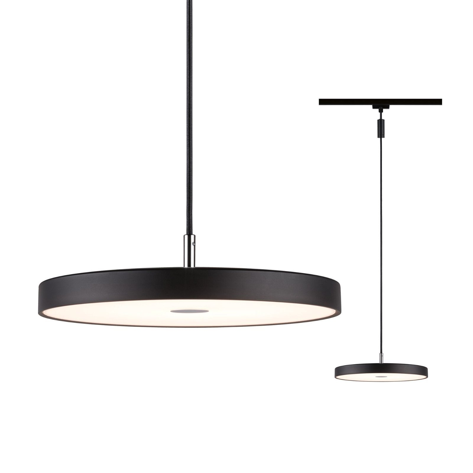 Zwei schwarze Pendelleuchten, eine rund, die andere ein kleineres, ähnliches Design.