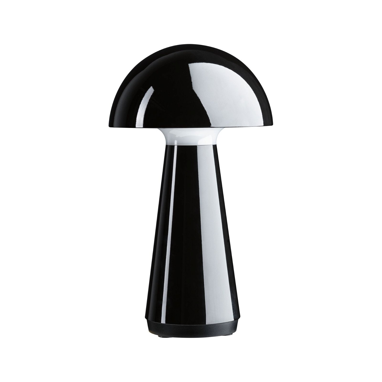 Czarno-biała lampa stołowa w kształcie grzyba. Podstawa jest czarna, z białą górą. Białe tło.