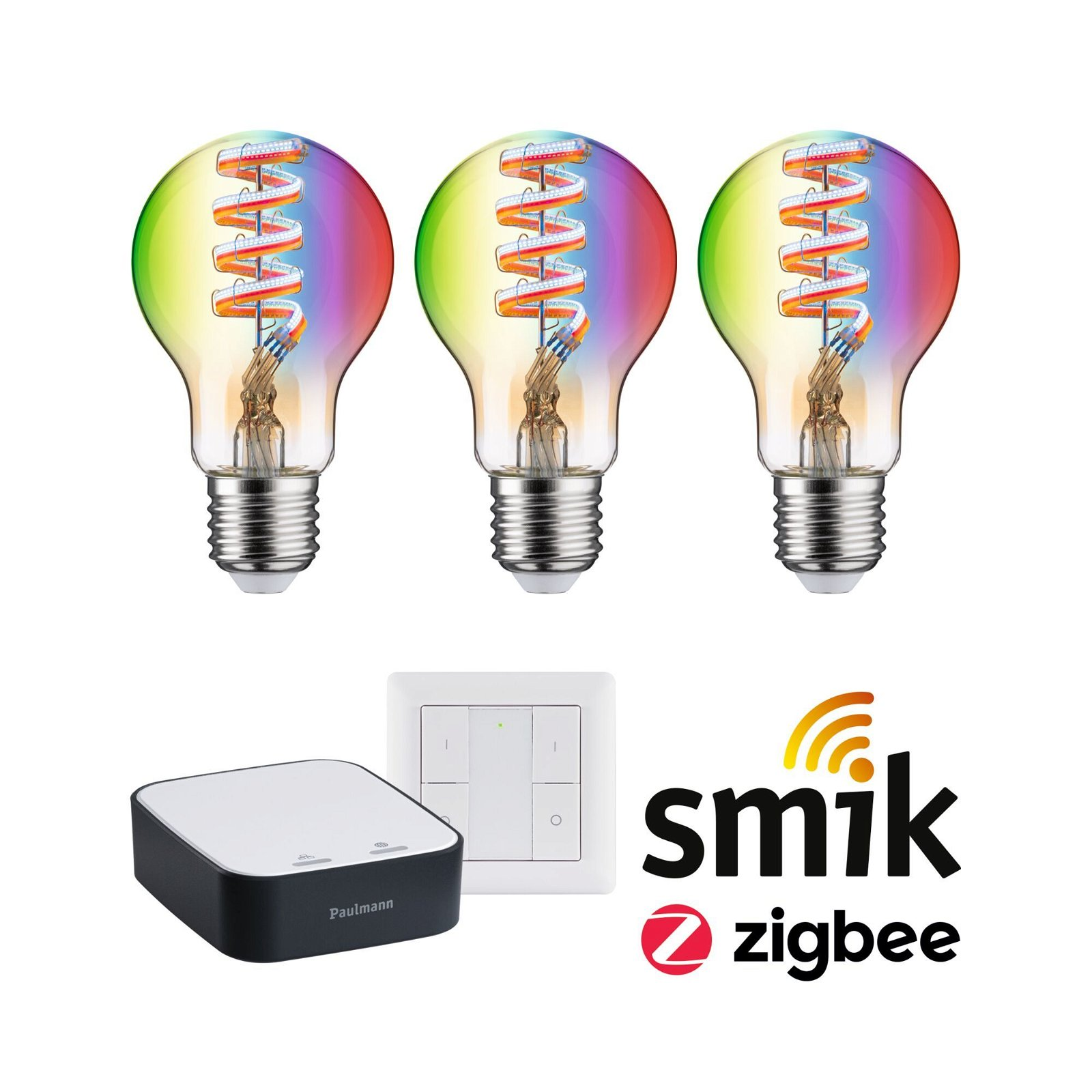 Trzy żarówki w kolorach tęczy, inteligentny włącznik i hub smart home z logo zigbee.