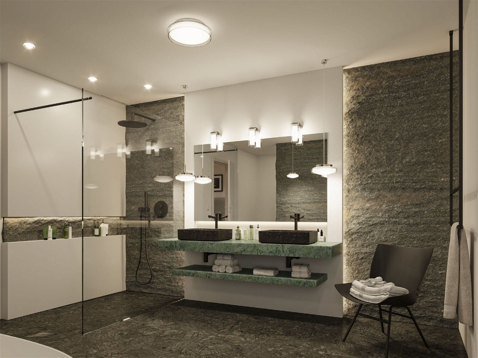 Modernes Badezimmer mit Steinwandakzenten, Doppelwaschbecken und Glasdusche.