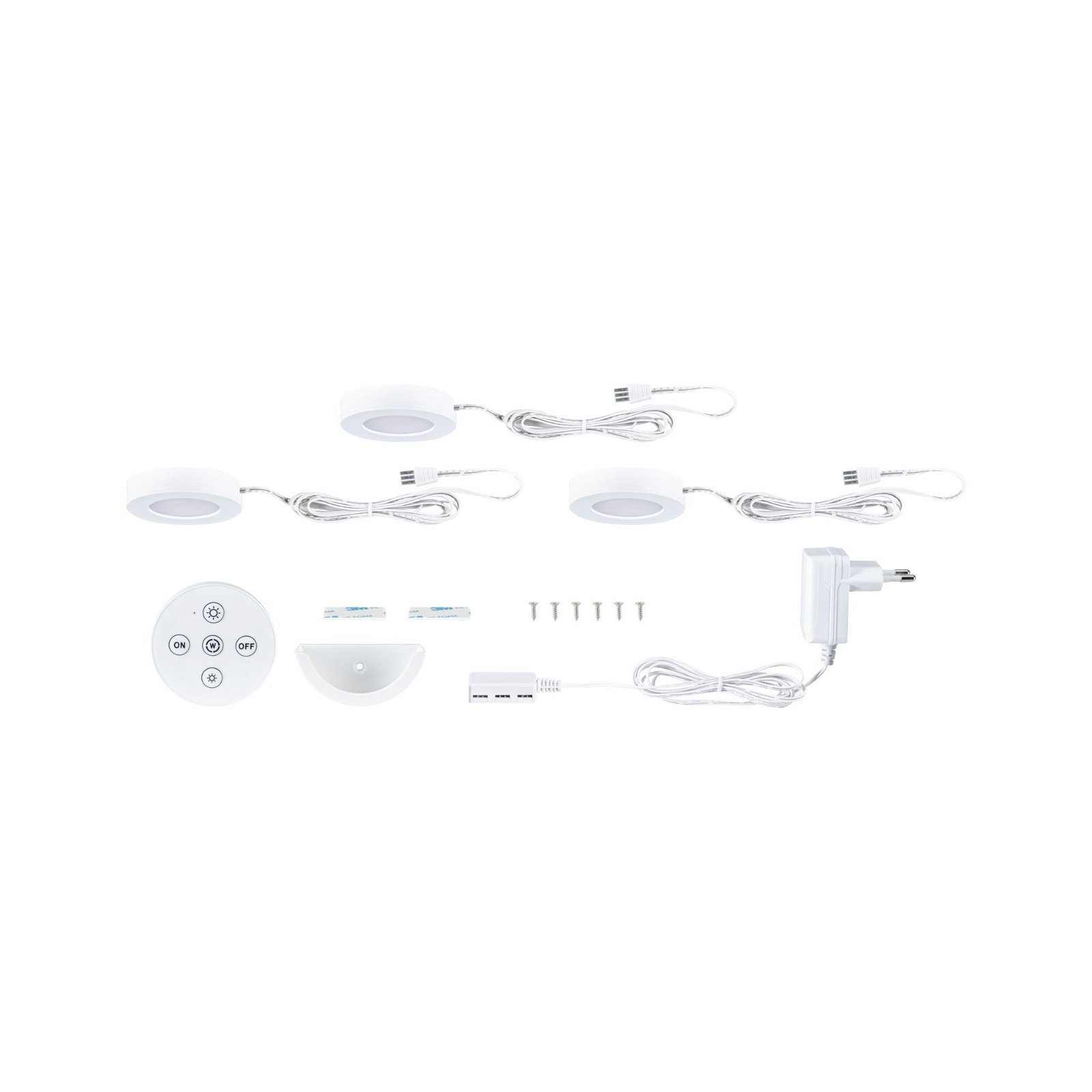 Różne części zestawu oświetleniowego, w tym światła, pilot i zasilacz.