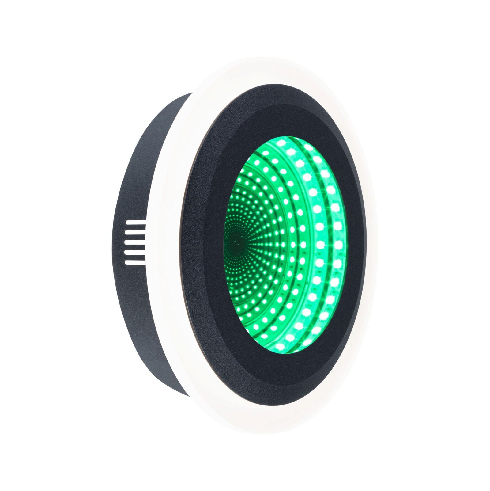 Okrągła oprawa oświetleniowa z efektem zielonego lustra nieskończoności LED. Ma białą i czarną ramę.