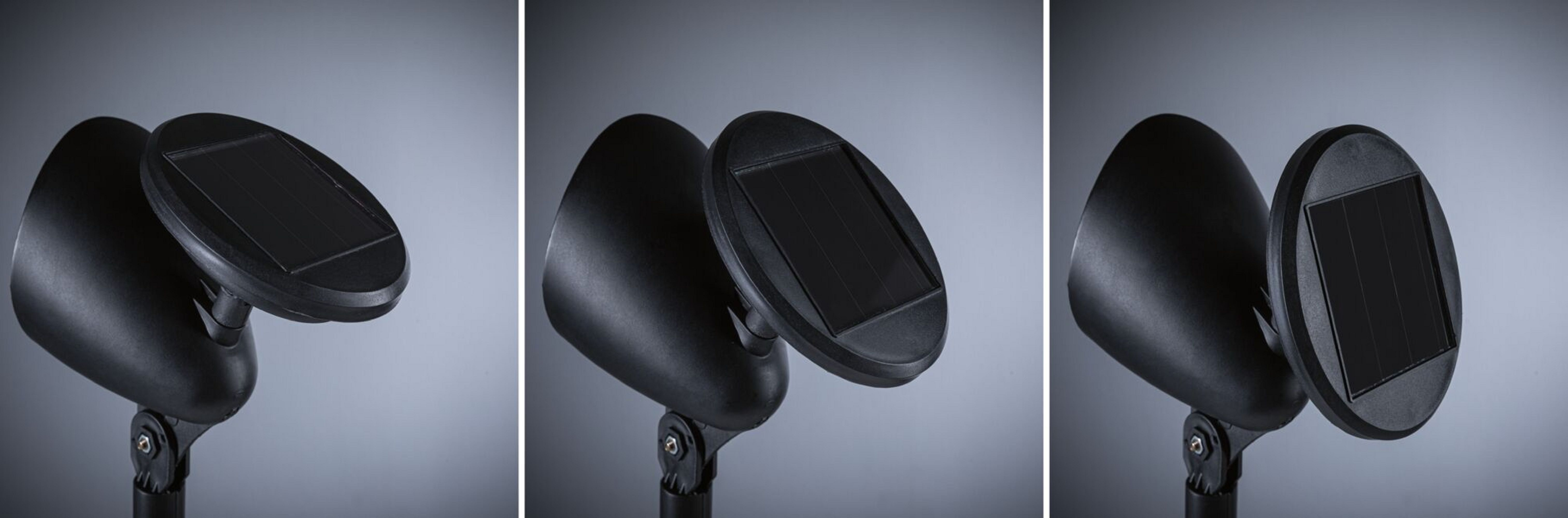 Drei schwarze Solar-Spotlights mit verstellbaren Paneelen, vor grauem Hintergrund.