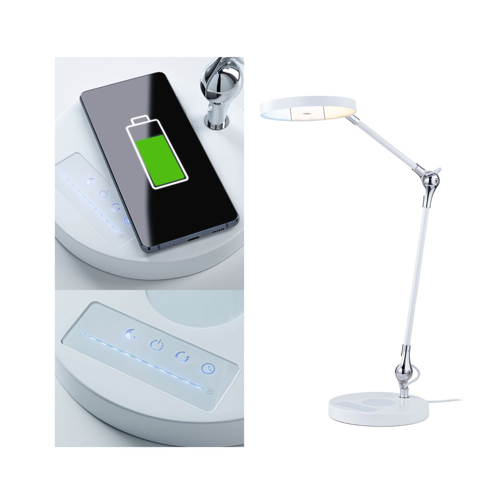 Biała lampa biurkowa obok telefonu na ładowarce bezprzewodowej, pokazująca pełną baterię.