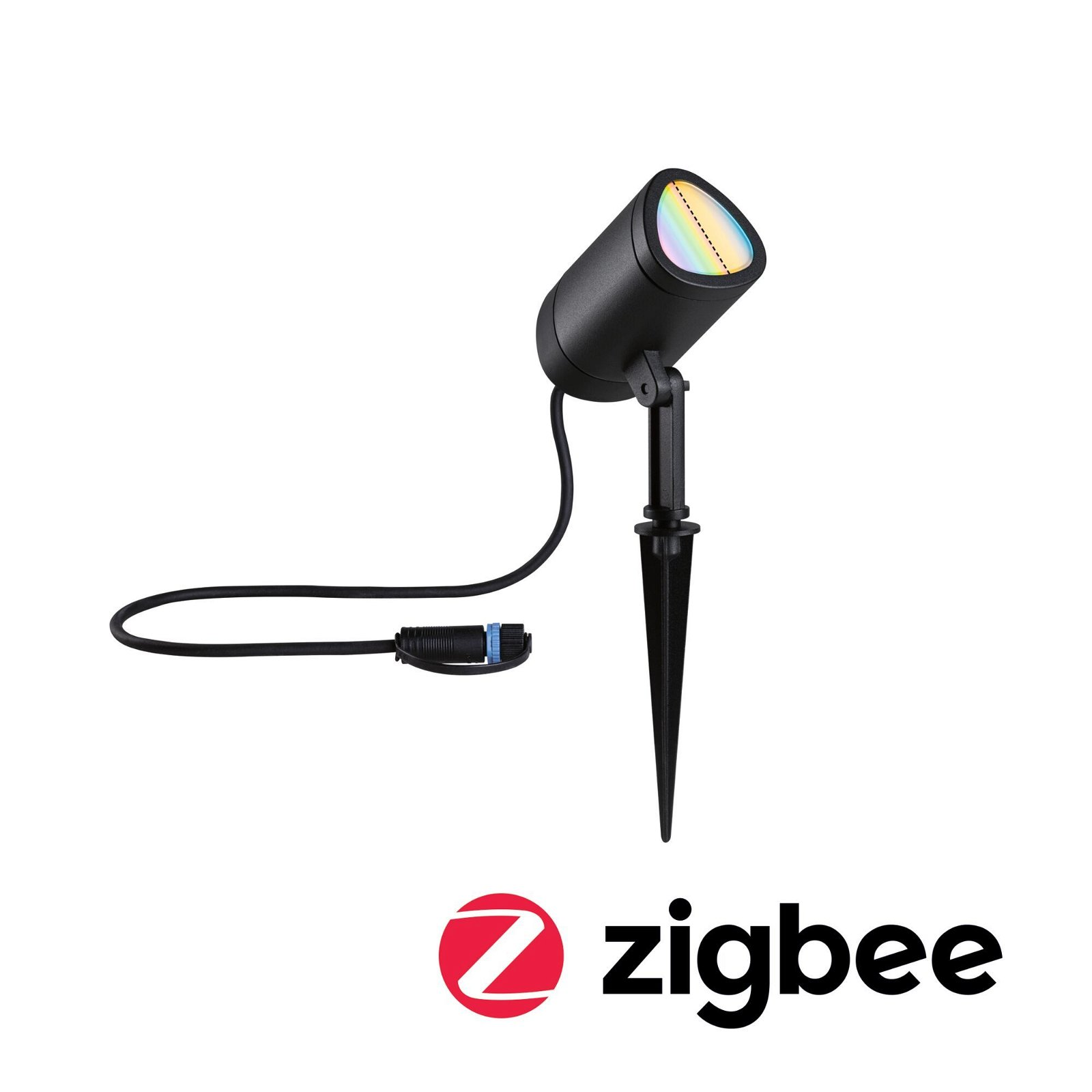 Czarna lampa zewnętrzna ze złączem i kołkiem, logo Zigbee na dole.