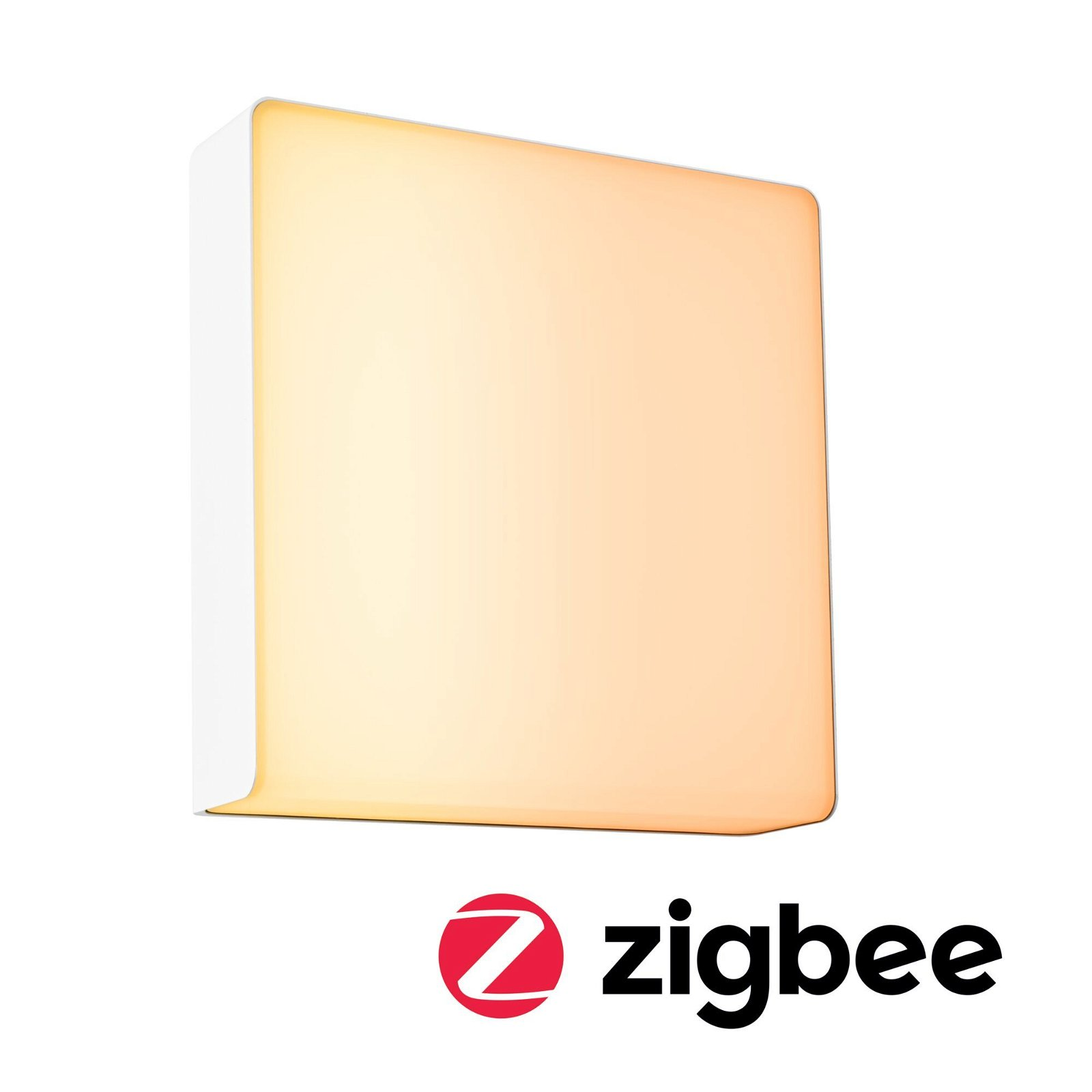 Biała, kwadratowa lampa ścienna z świecącą, pomarańczowo-żółtą powierzchnią i logo Zigbee.
