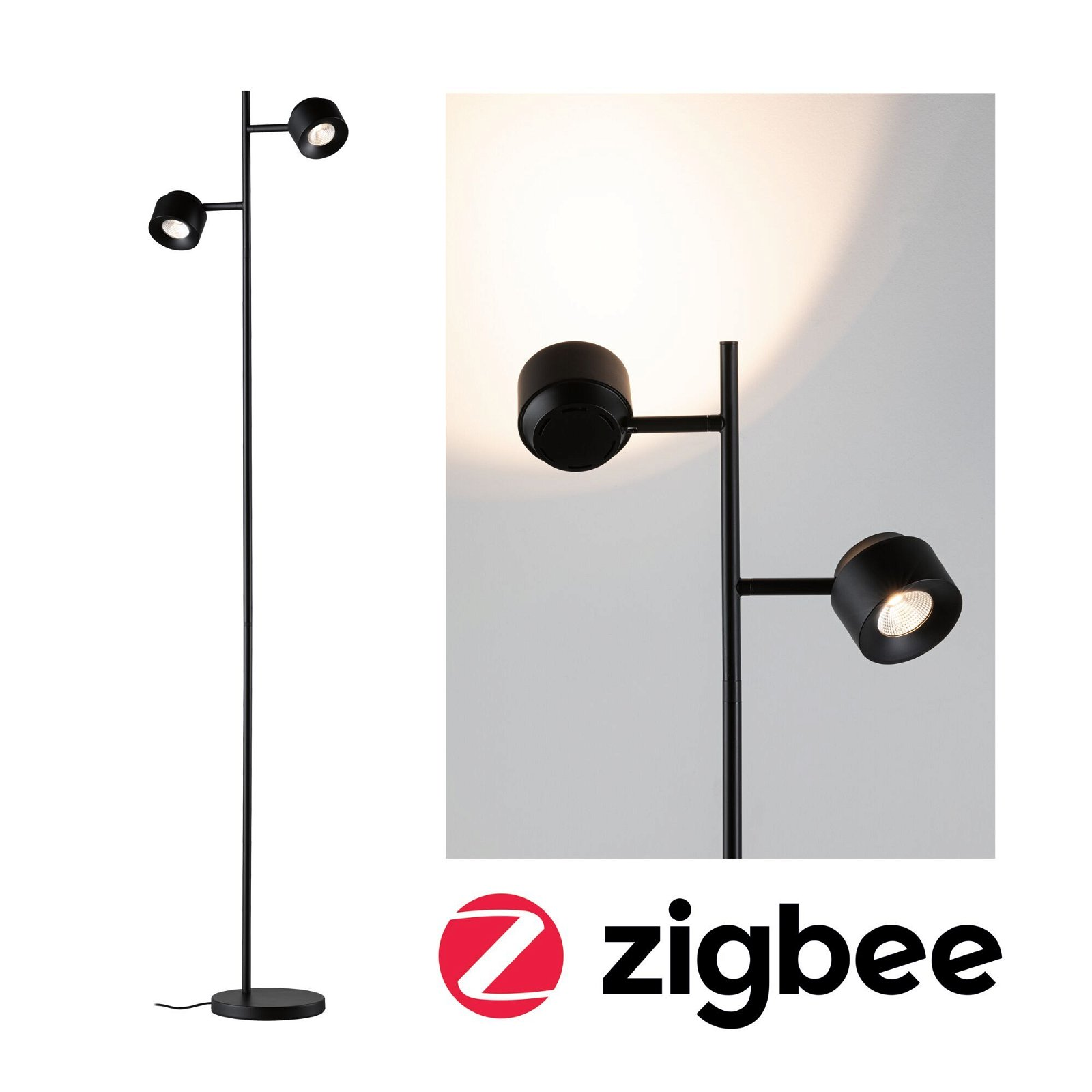 Eine schwarze Stehlampe mit drei Lichtern und eine Nahaufnahme der Lichter.