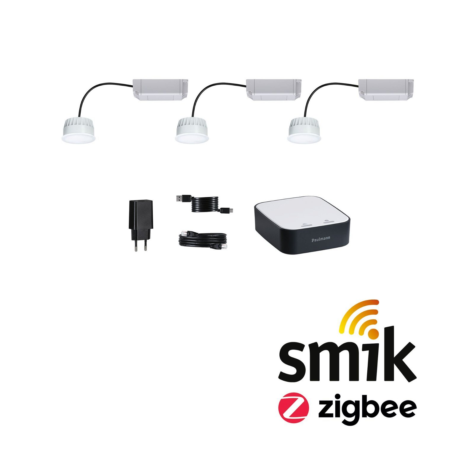 Ein Beleuchtungssystem mit drei weißen Lampen, Netzteil und Netzwerk-Hub. Zigbee Logo.