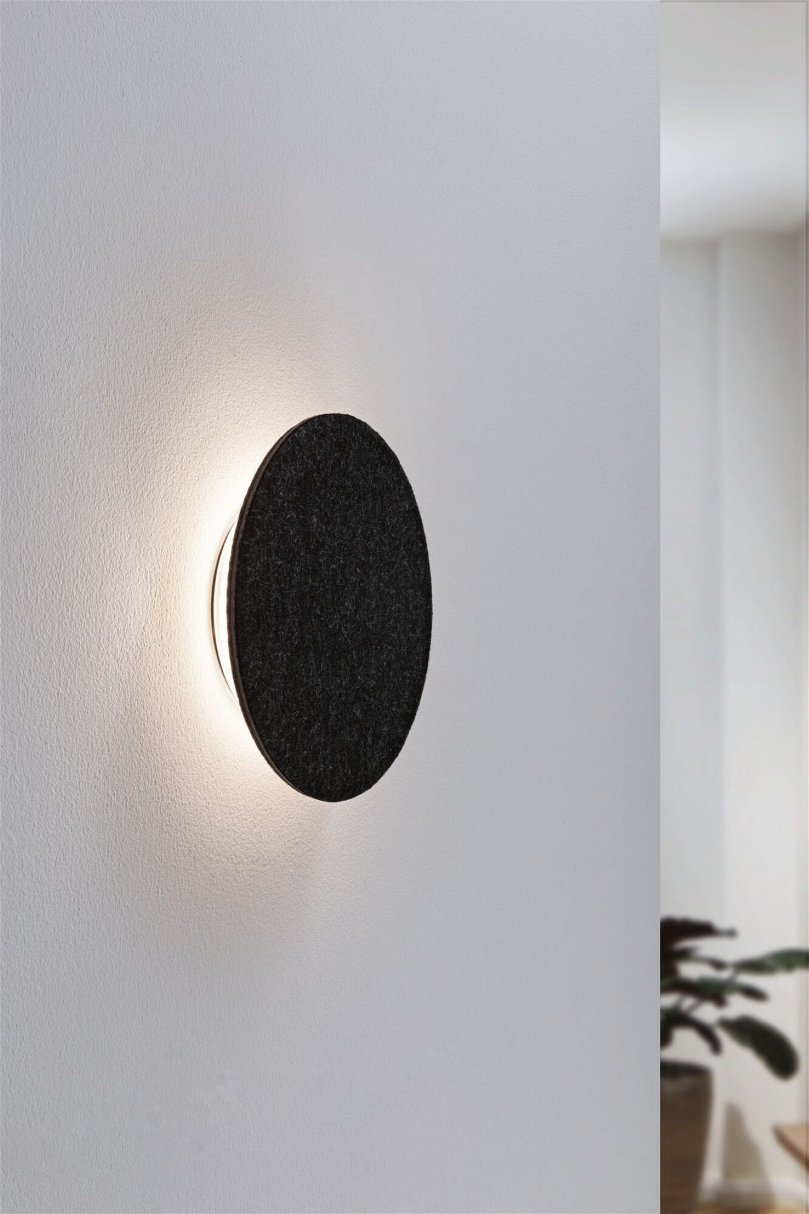 Runde, dunkelgraue Wandleuchte aus Filz, die Licht aussendet. Sie ist an einer weißen Wand montiert.