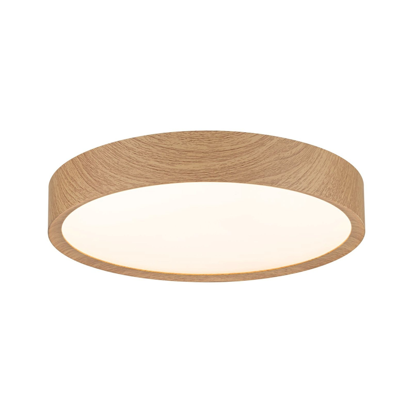 Runde Deckenleuchte aus Holz mit weißer Lichtquelle, auf weißem Hintergrund.