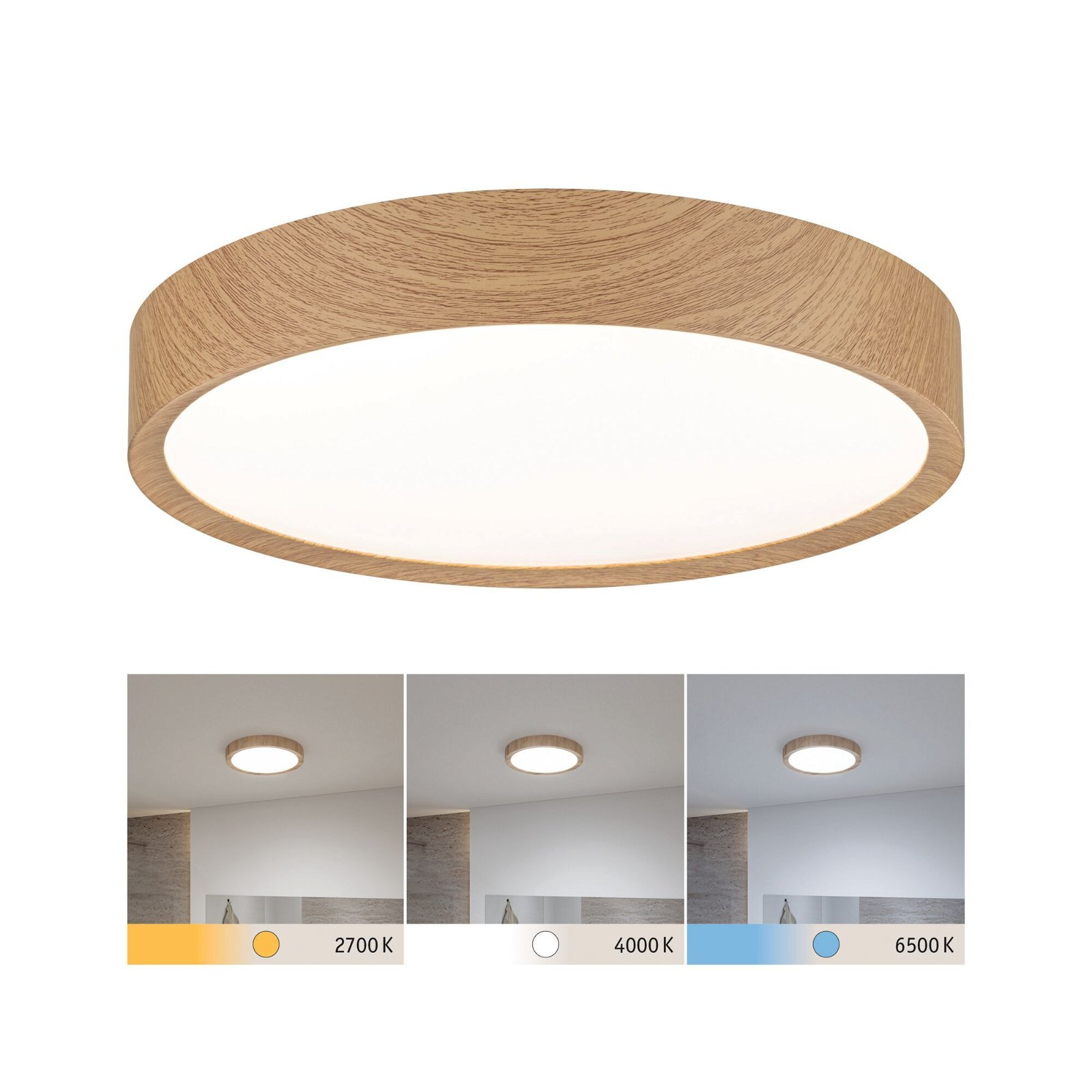 Runde Deckenleuchte aus Holz mit drei verschiedenen Lichtfarbtemperaturen. Weißer Hintergrund.