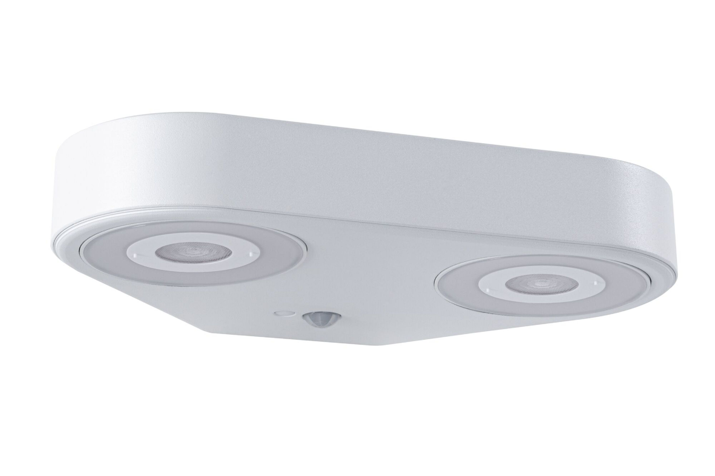 Biała, owalna lampa sufitowa z dwoma okrągłymi źródłami światła.