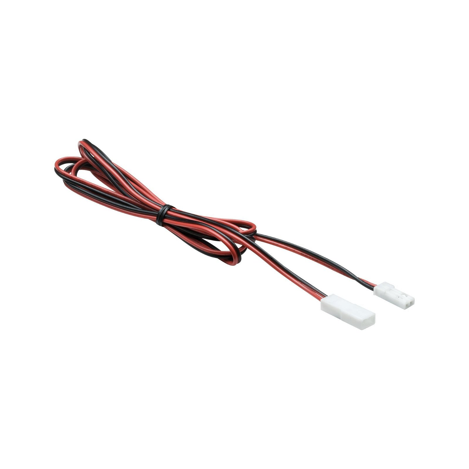 Rotes und schwarzes Kabel mit zwei weißen Steckern. Weißer Hintergrund.