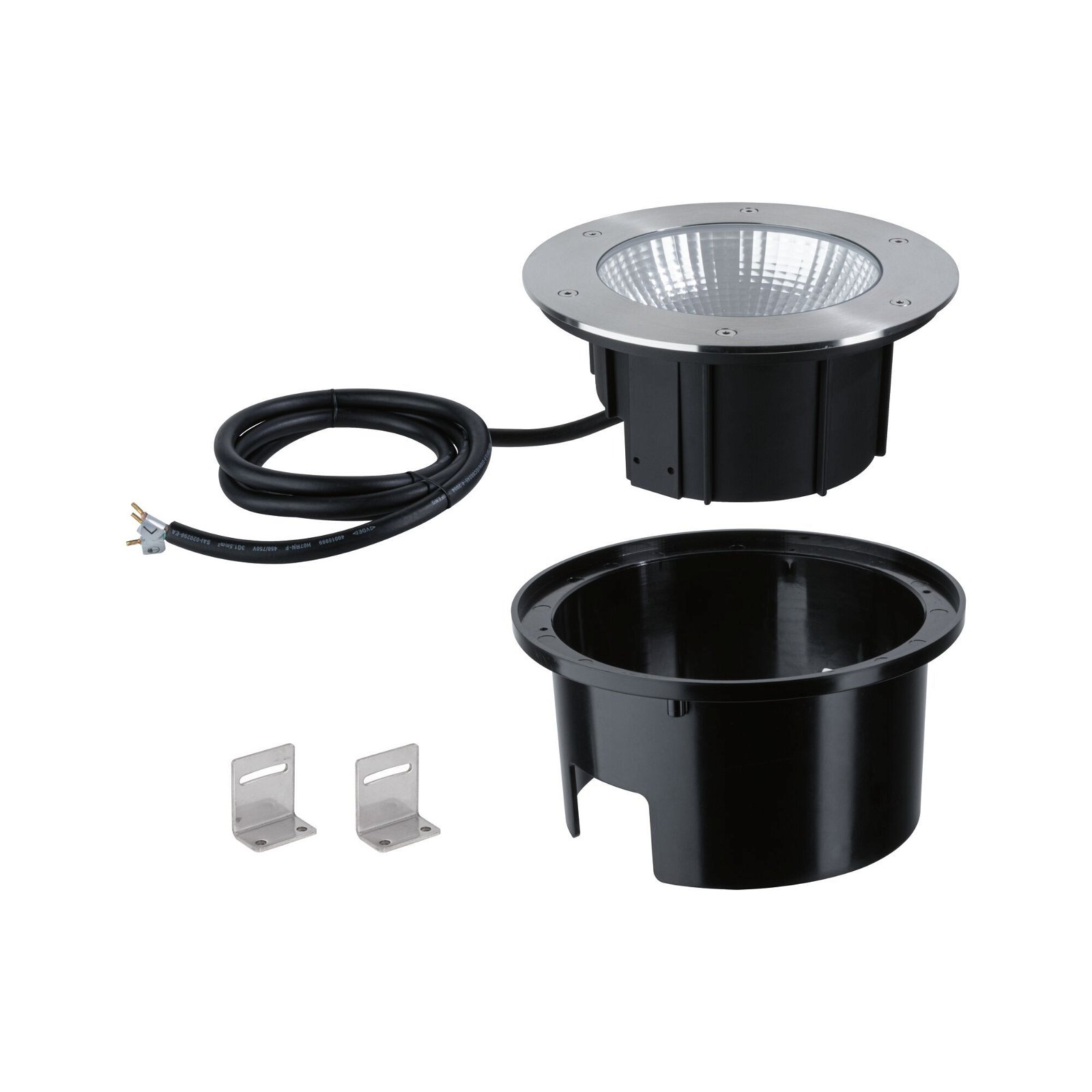 Zewnętrzna oprawa oświetleniowa gruntowa z okablowaniem i wspornikami montażowymi. Czarny i srebrny.