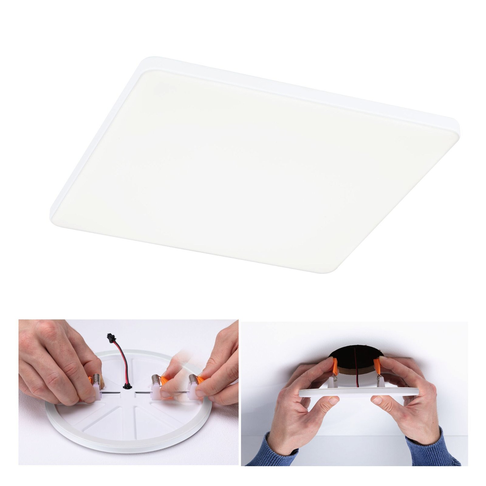 Eine quadratische, weiße LED-Panel-Leuchte mit Installationsdiagramm.