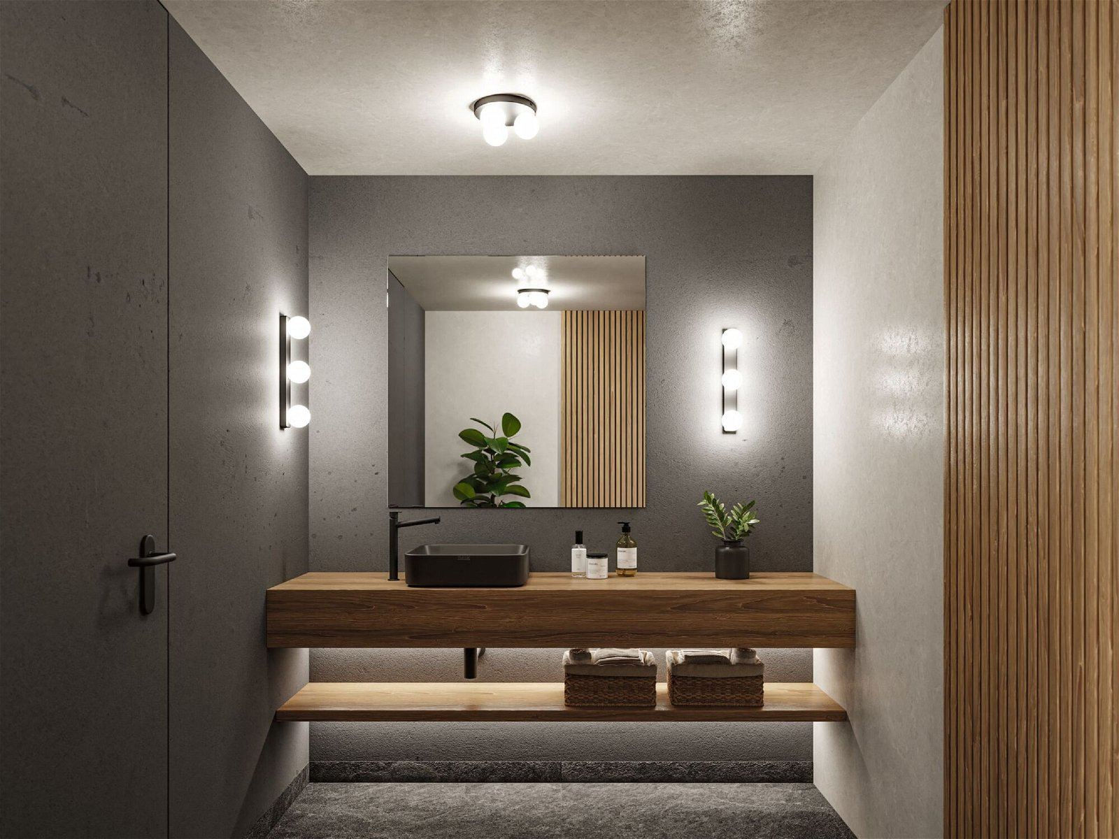 Eine moderne Badezimmerszene mit Waschtisch aus Holz, Spiegel, Lichtern und Pflanzen.