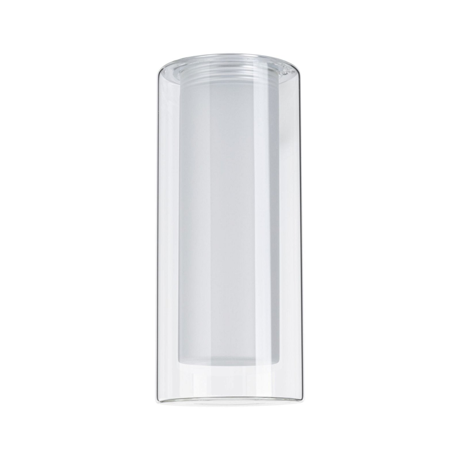 Klarer Glaszylinder mit einem weißen Innenzylinder. Das Glas ist transparent.