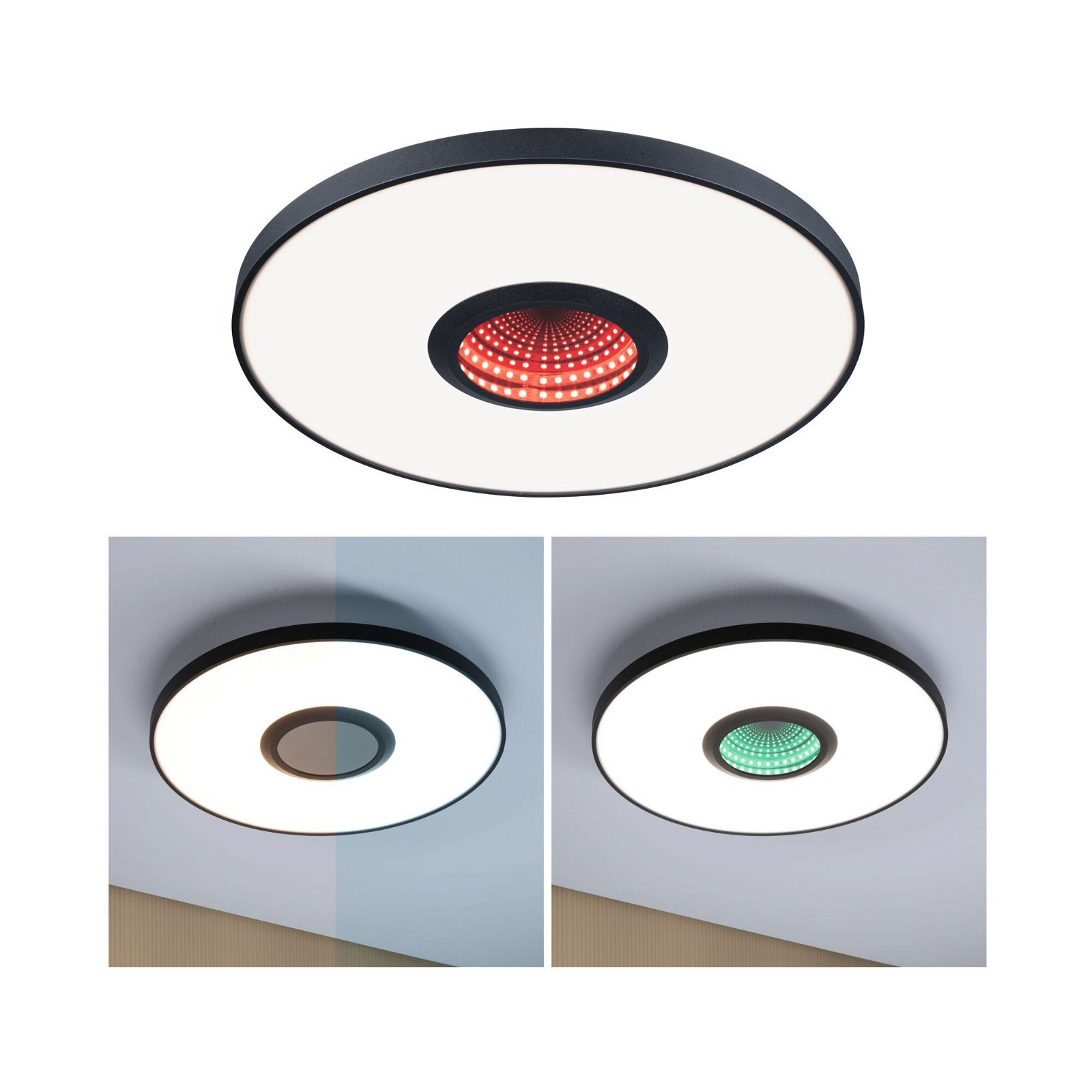 Deckenleuchte mit schwarzem Rahmen und zentralem, farbenfrohem Unendlichkeitsspiegeleffekt.