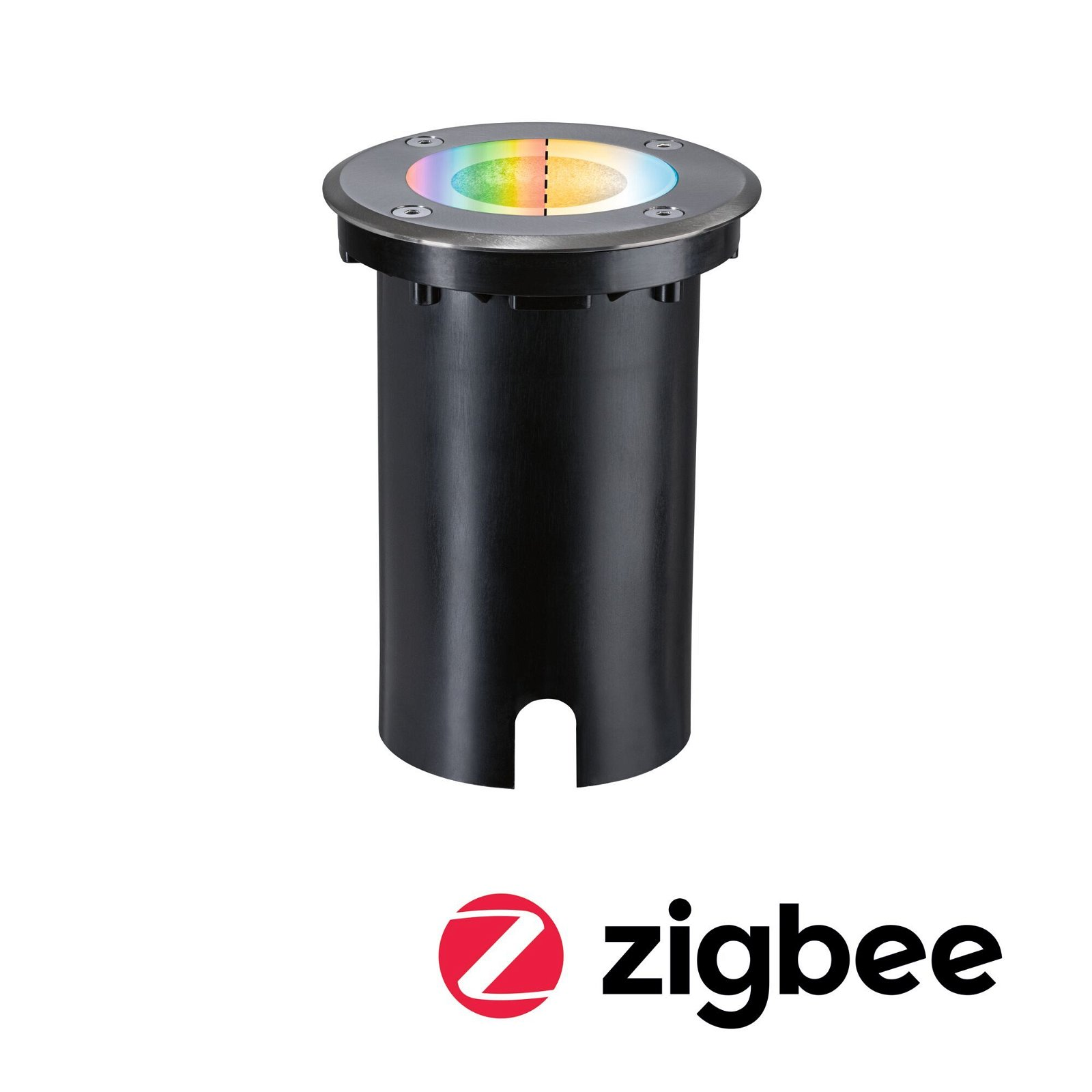 Czarna, cylindryczna lampa gruntowa zewnętrzna. Okrągły wierzch ze zmieniającymi kolor światłami. Logo Zigbee na dole.