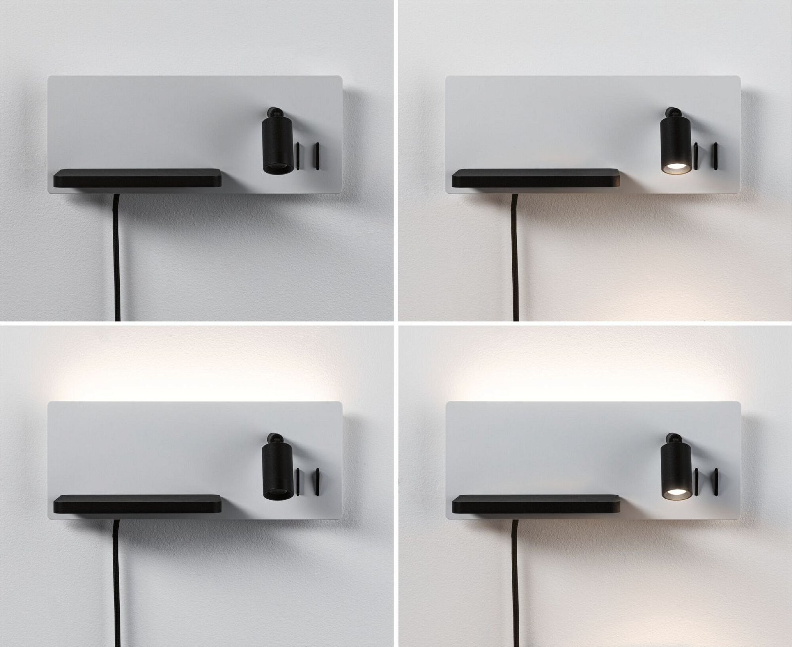 Cztery obrazy przedstawiające lampę ścienną z czarnym mocowaniem, o zmiennym natężeniu światła.
