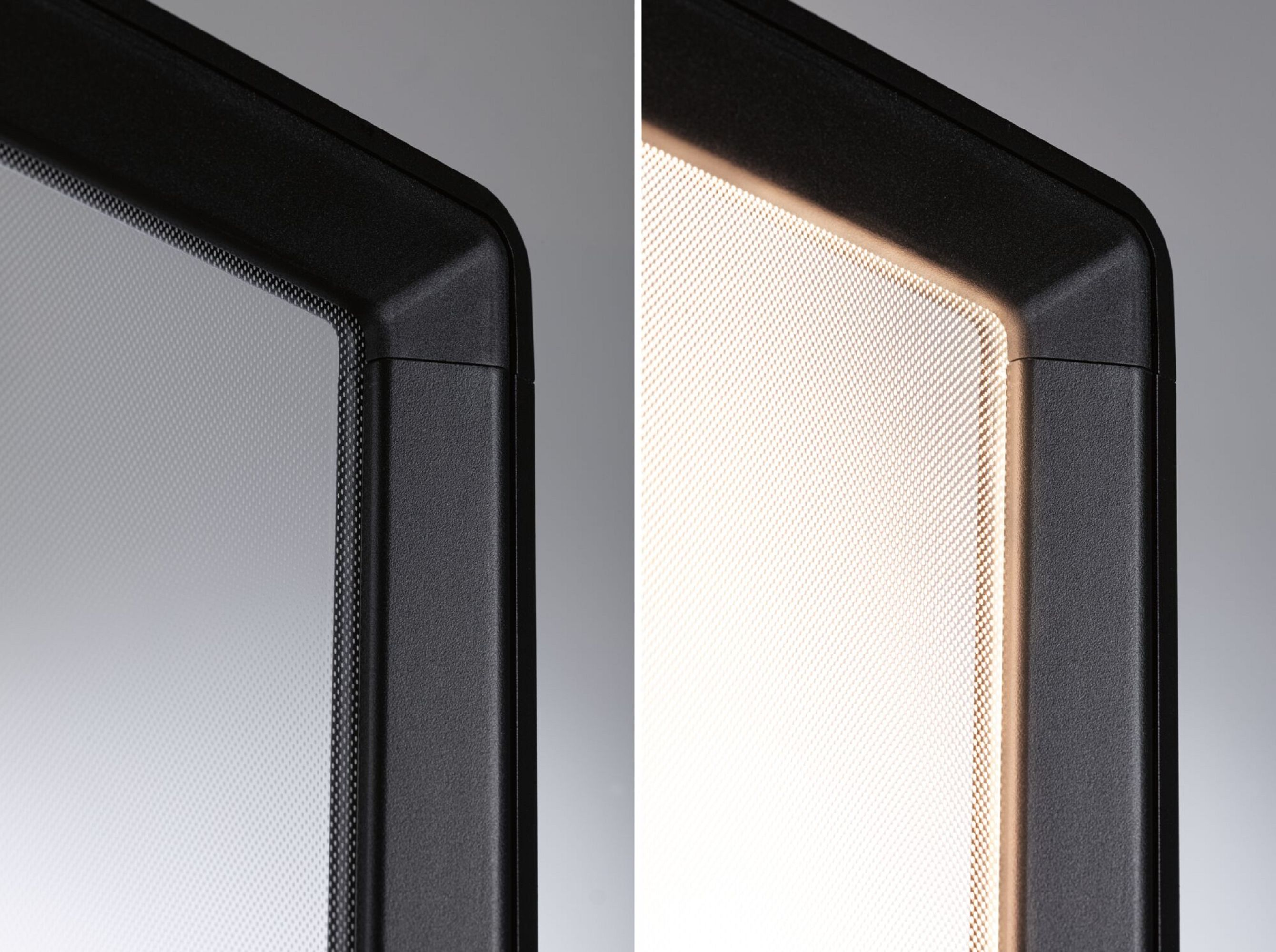 Dwa zbliżenia czarnej ramki ekranu. Lewa strona z siatką, prawa ze światłem.
