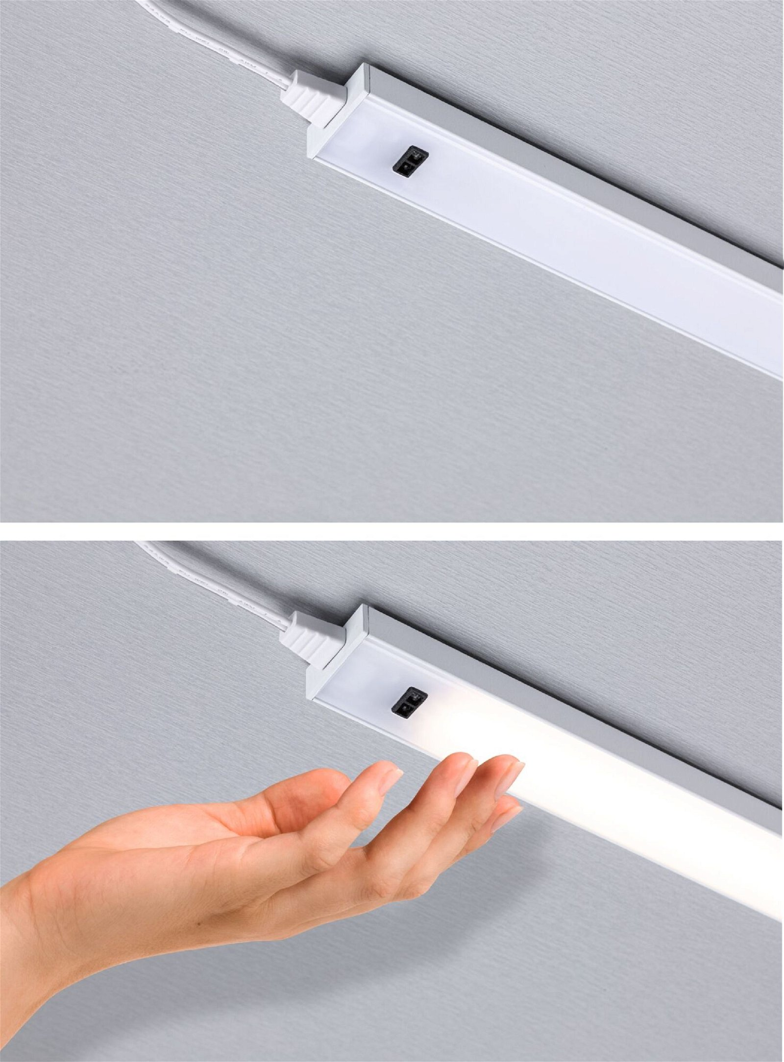 Zwei Bilder, die eine weiße, lineare LED-Leuchte an der Decke zeigen, mit einer Hand, die sie berührt.