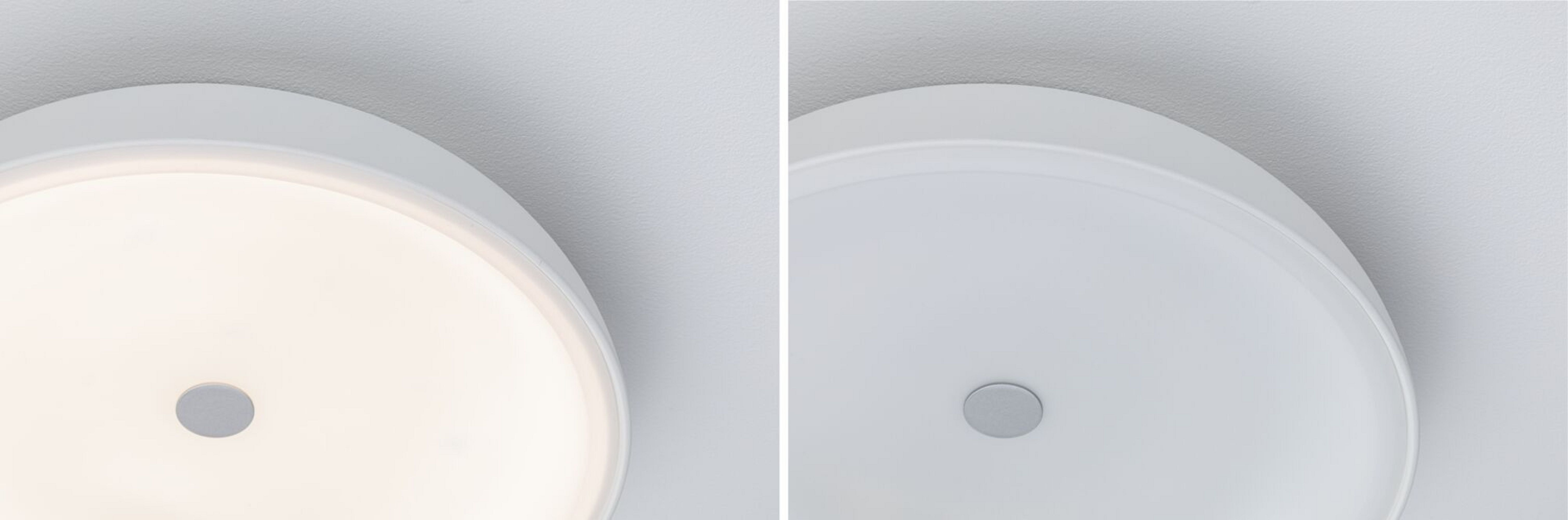 Dwa zbliżenia pokazujące białą lampę sufitową, jedną włączoną, drugą wyłączoną, zamontowaną na białym suficie.