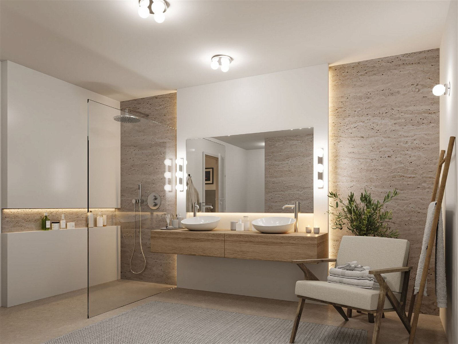 Nowoczesna łazienka z podwójną umywalką, dużym lustrem i szklaną kabiną prysznicową.