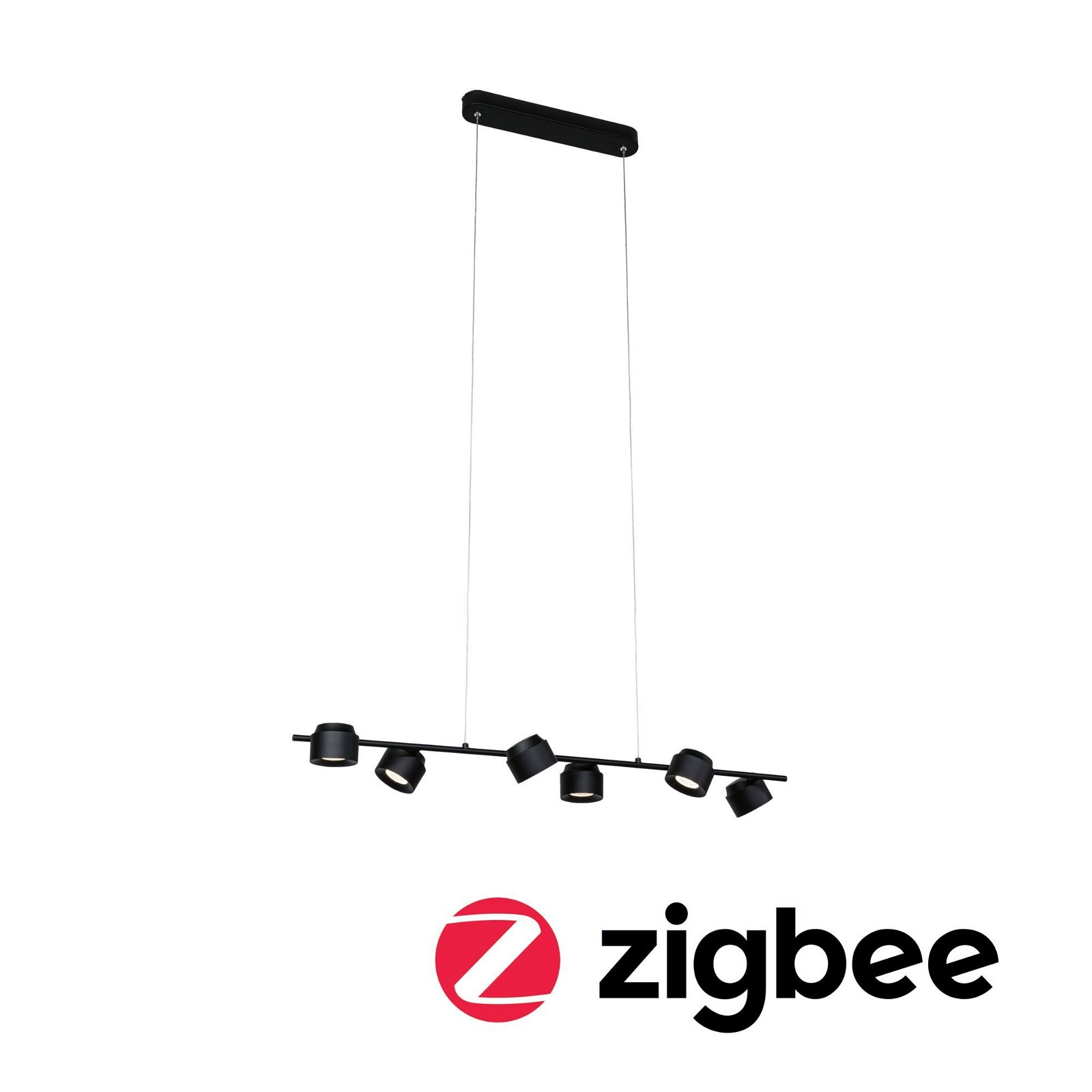 Schwarze Pendelleuchte mit fünf verstellbaren Strahlern, Zigbee-Logo.