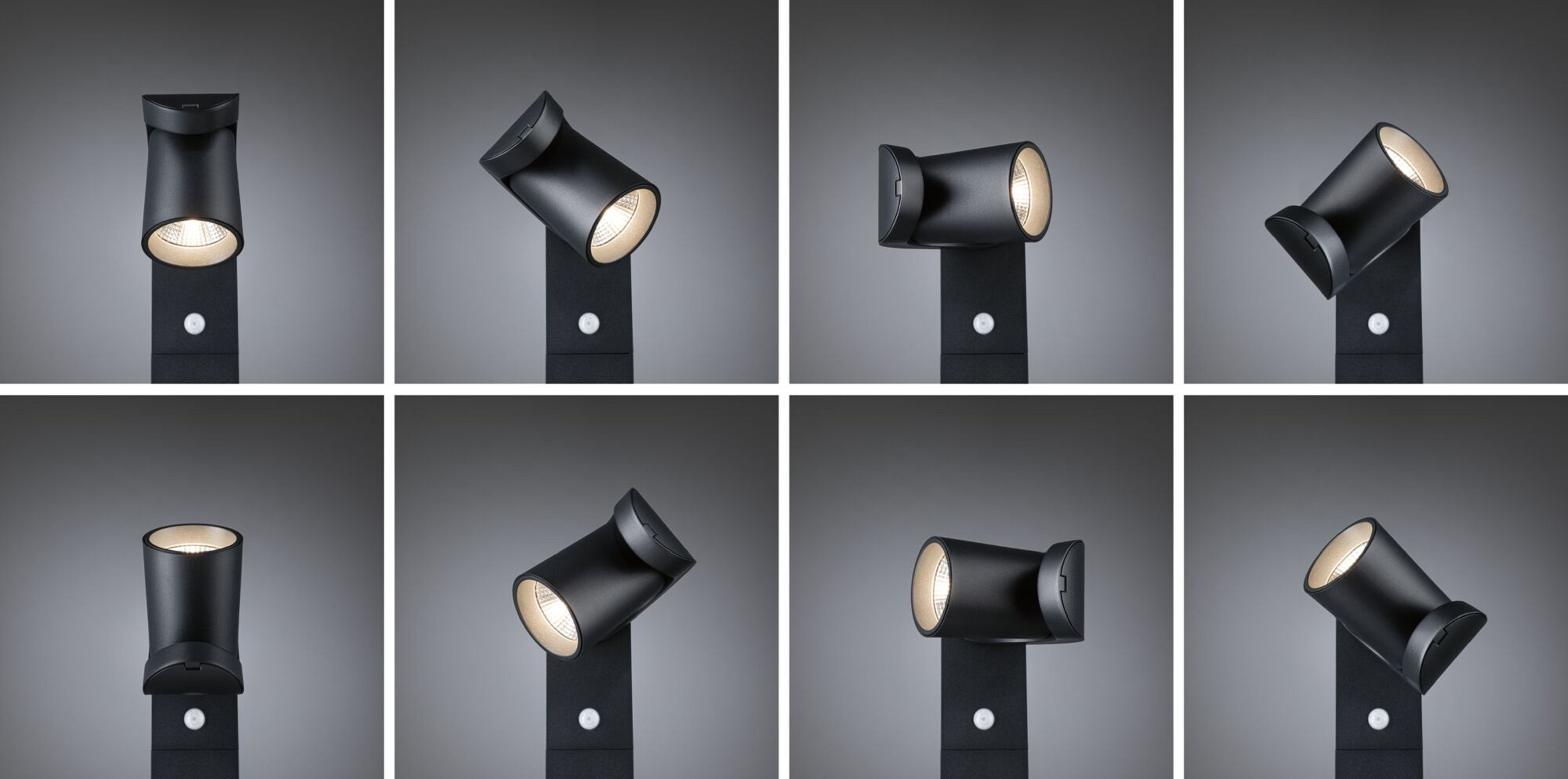 Seria czarnych reflektorów z regulowanymi głowicami, różne kąty, na szarym tle.