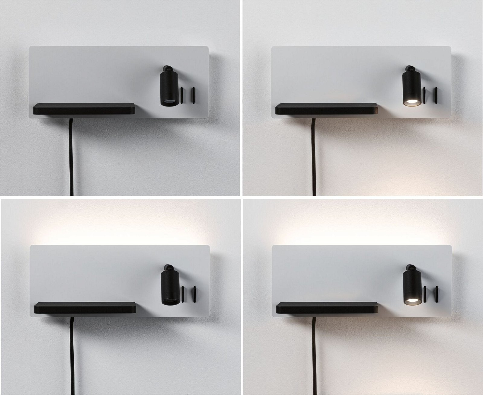 Cztery zdjęcia lampy ściennej, prezentujące różne ustawienia światła. Białe tło.