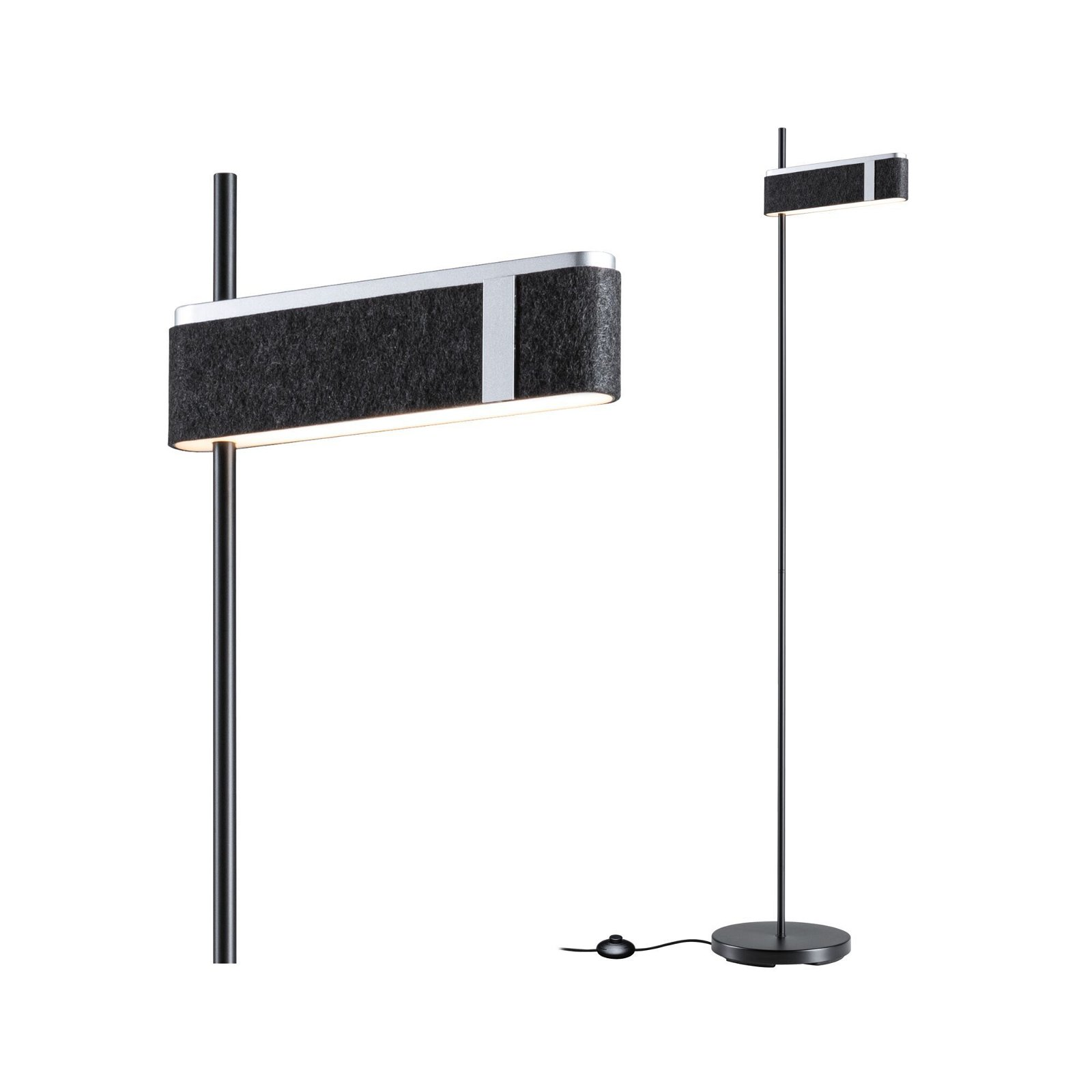 Schwarz-graue Stehlampe mit abgewinkeltem Licht und schwarzem Netzkabel.