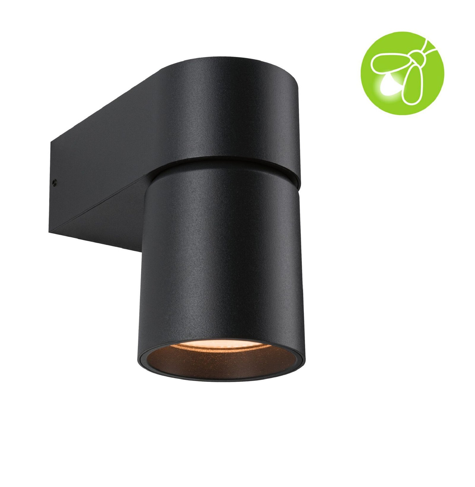 Czarna, cylindryczna oprawa oświetleniowa zewnętrzna zamontowana na czarnym ramieniu, z ikoną żarówki w tle.