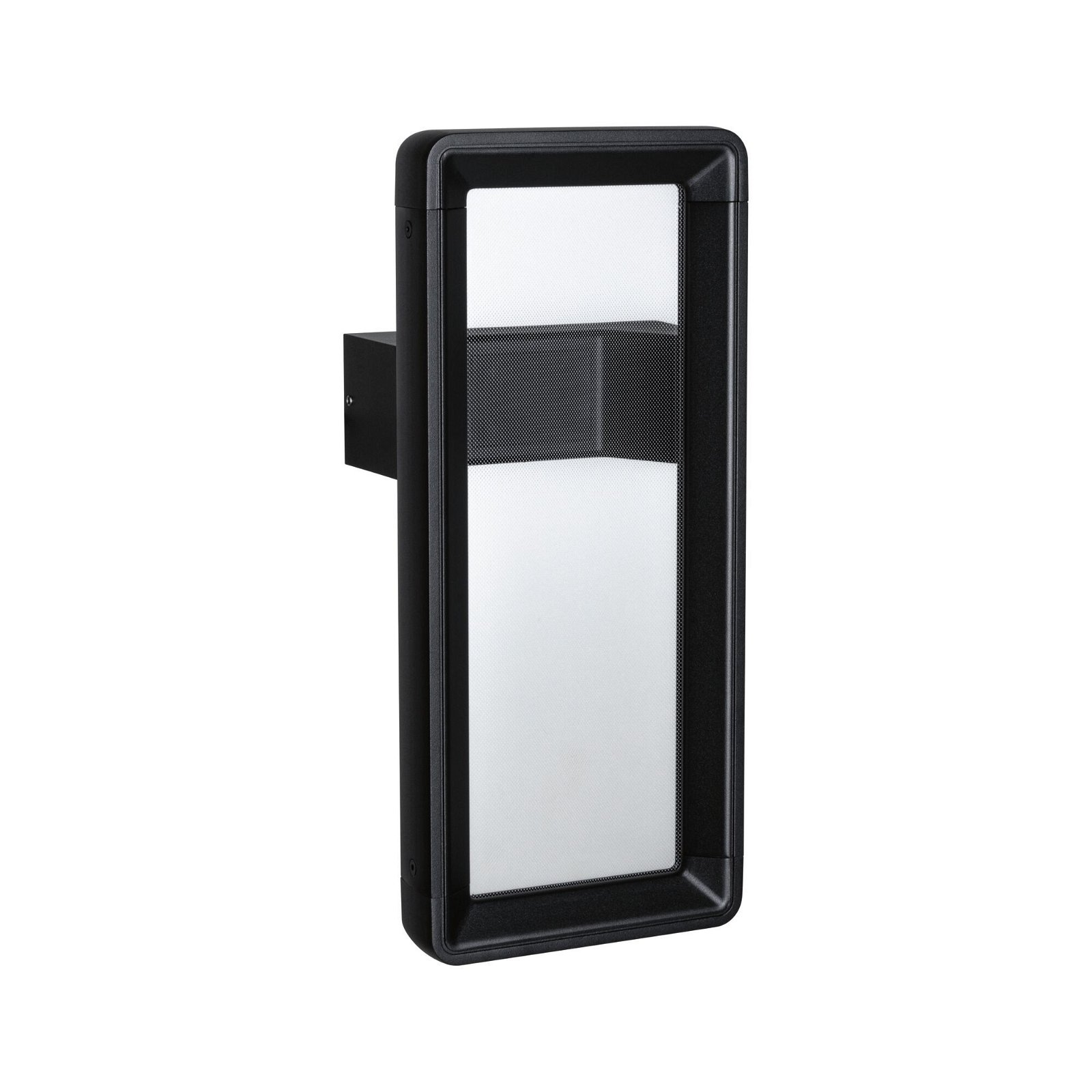 Czarna prostokątna lampa ścienna zewnętrzna z białym panelem świetlnym i czarną ramą.