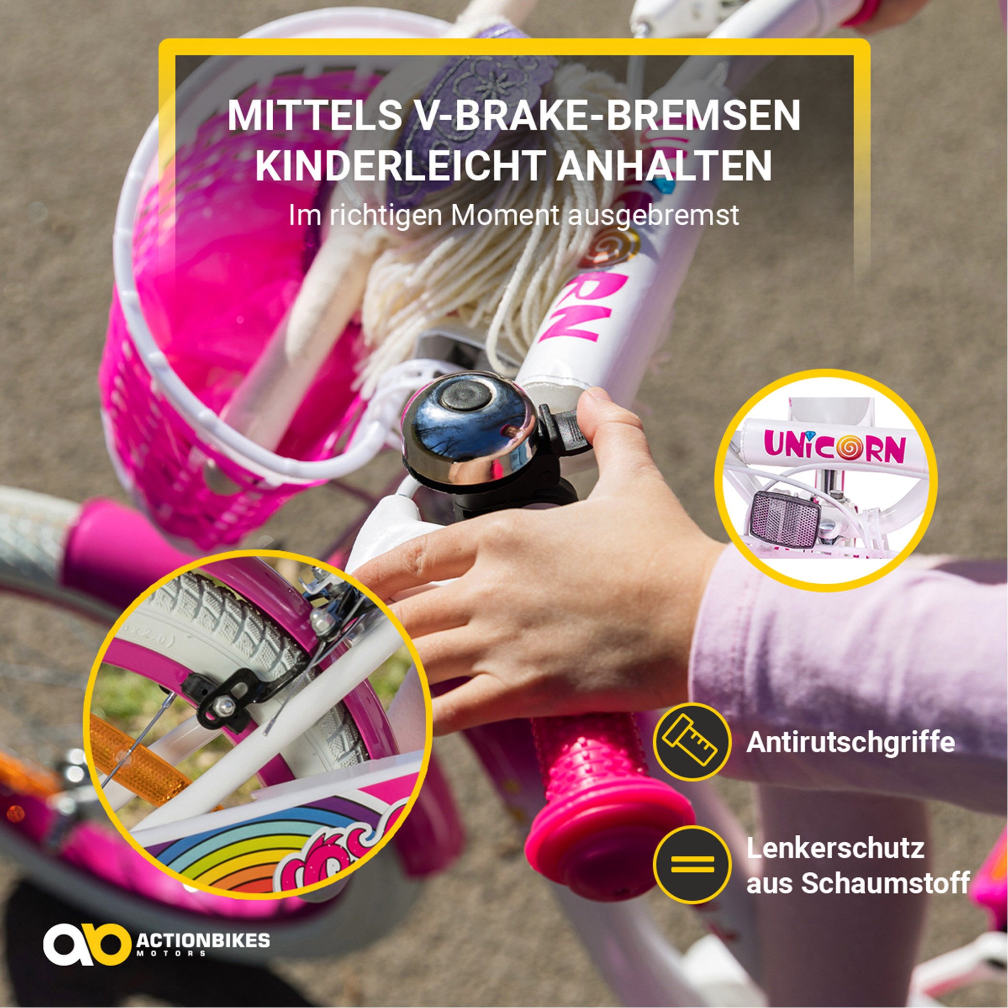 Nahaufnahme der Hände eines Kindes auf einem rosa Fahrrad. Text hebt Bremsen hervor.