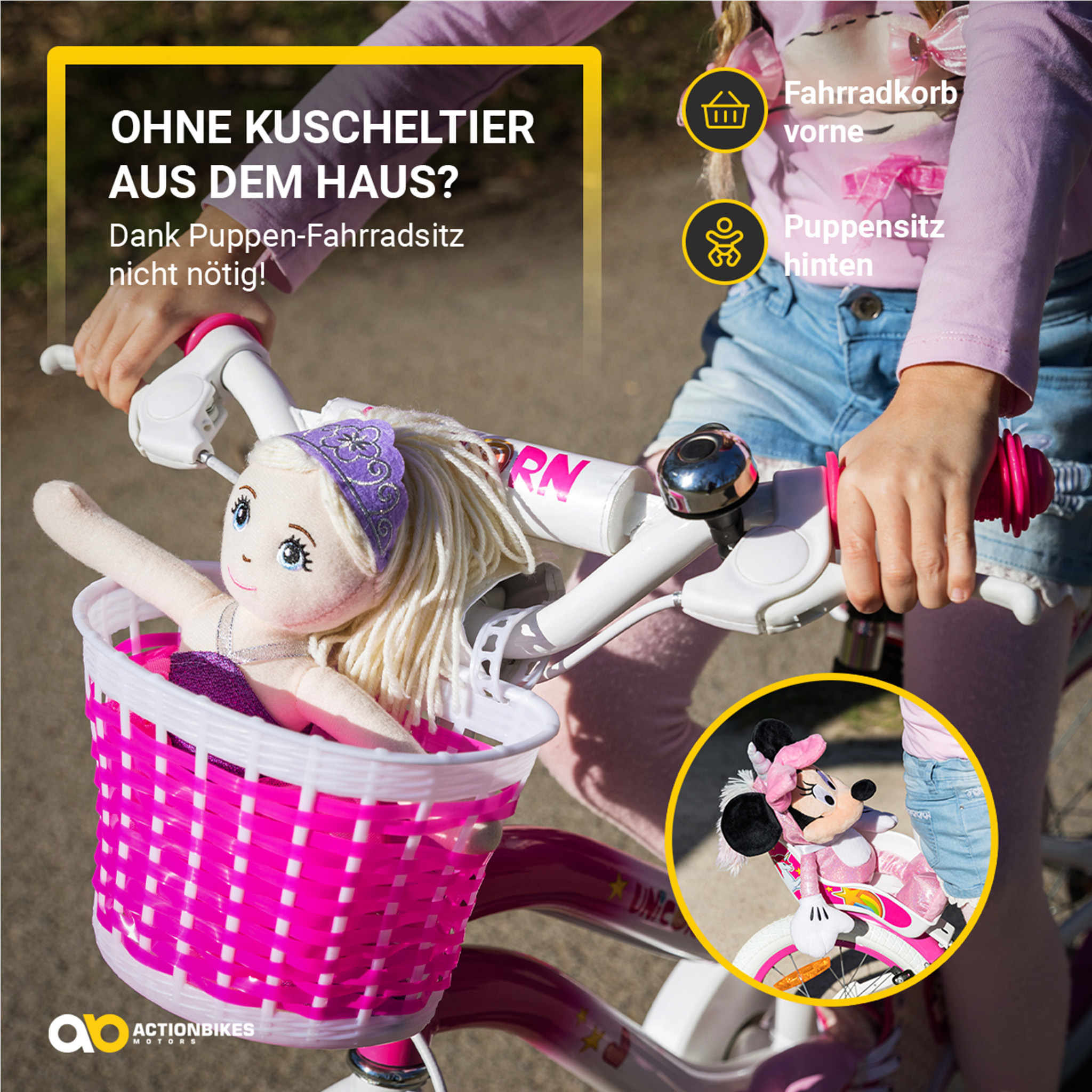 Ein Kind auf einem pinken Fahrrad mit einer Puppe im Korb. Text: Kein Kuscheltier nötig.