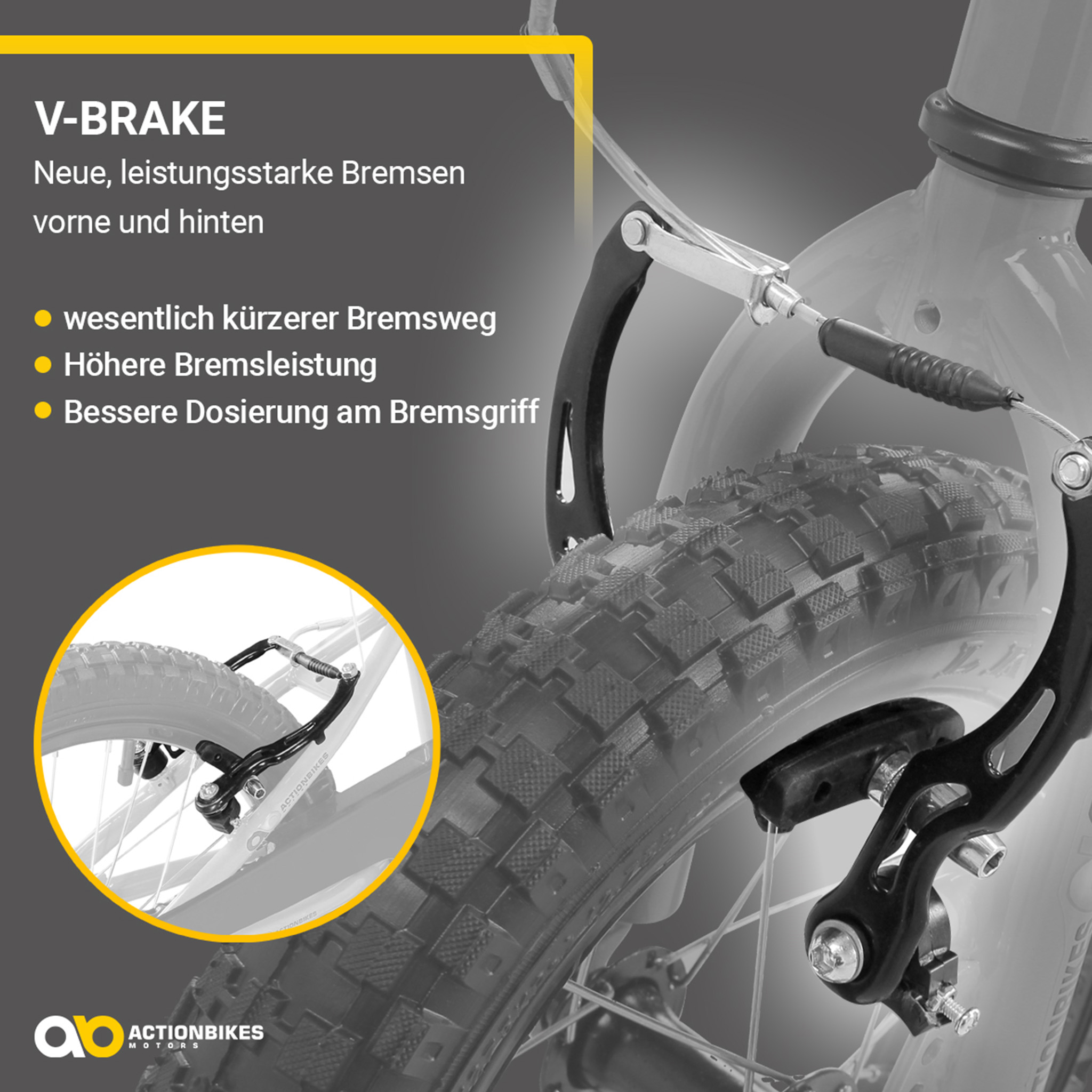 Bild zeigt das V-Bremssystem eines Fahrrads mit Text und grafischen Elementen.