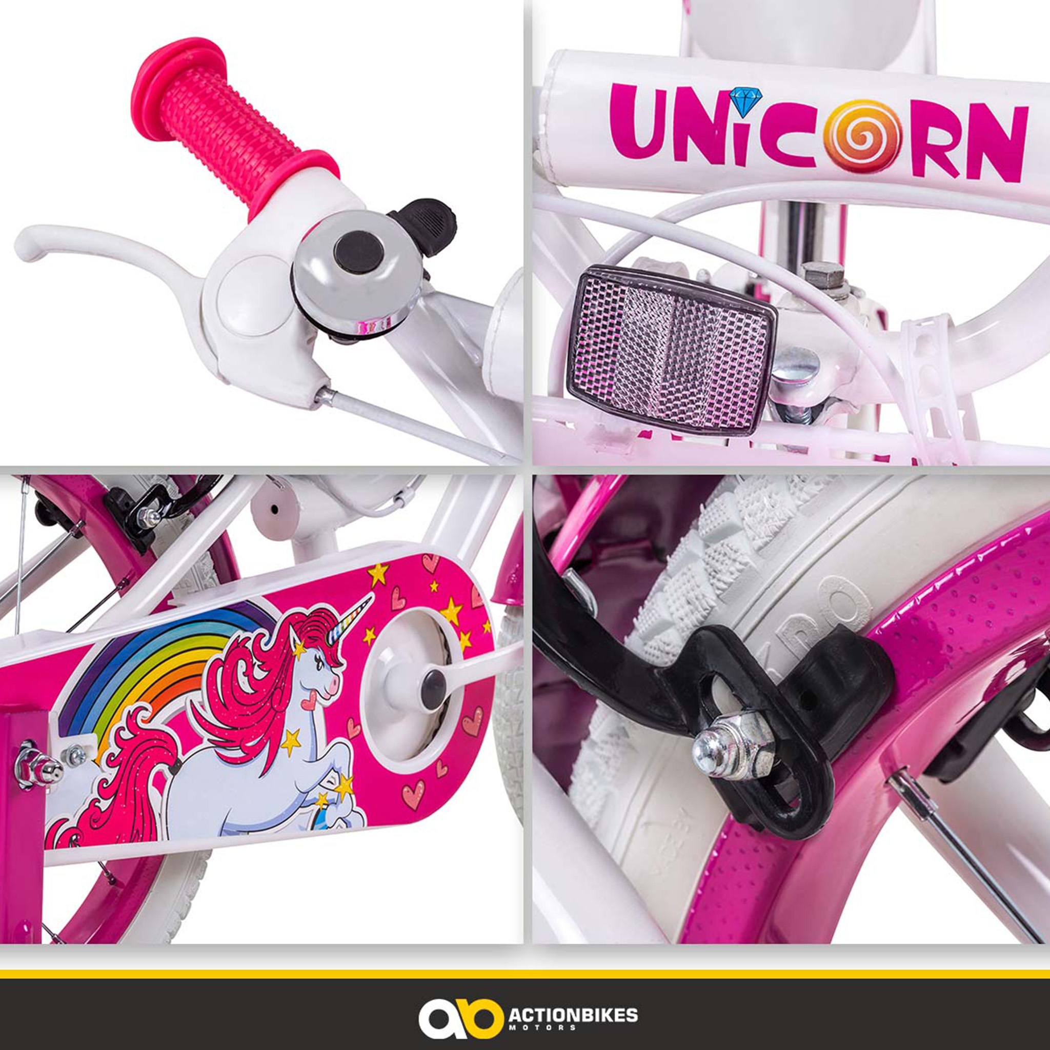 Nahaufnahmen eines rosa und weißen Einhorn-Fahrrads, bei denen mehrere Details sichtbar sind.