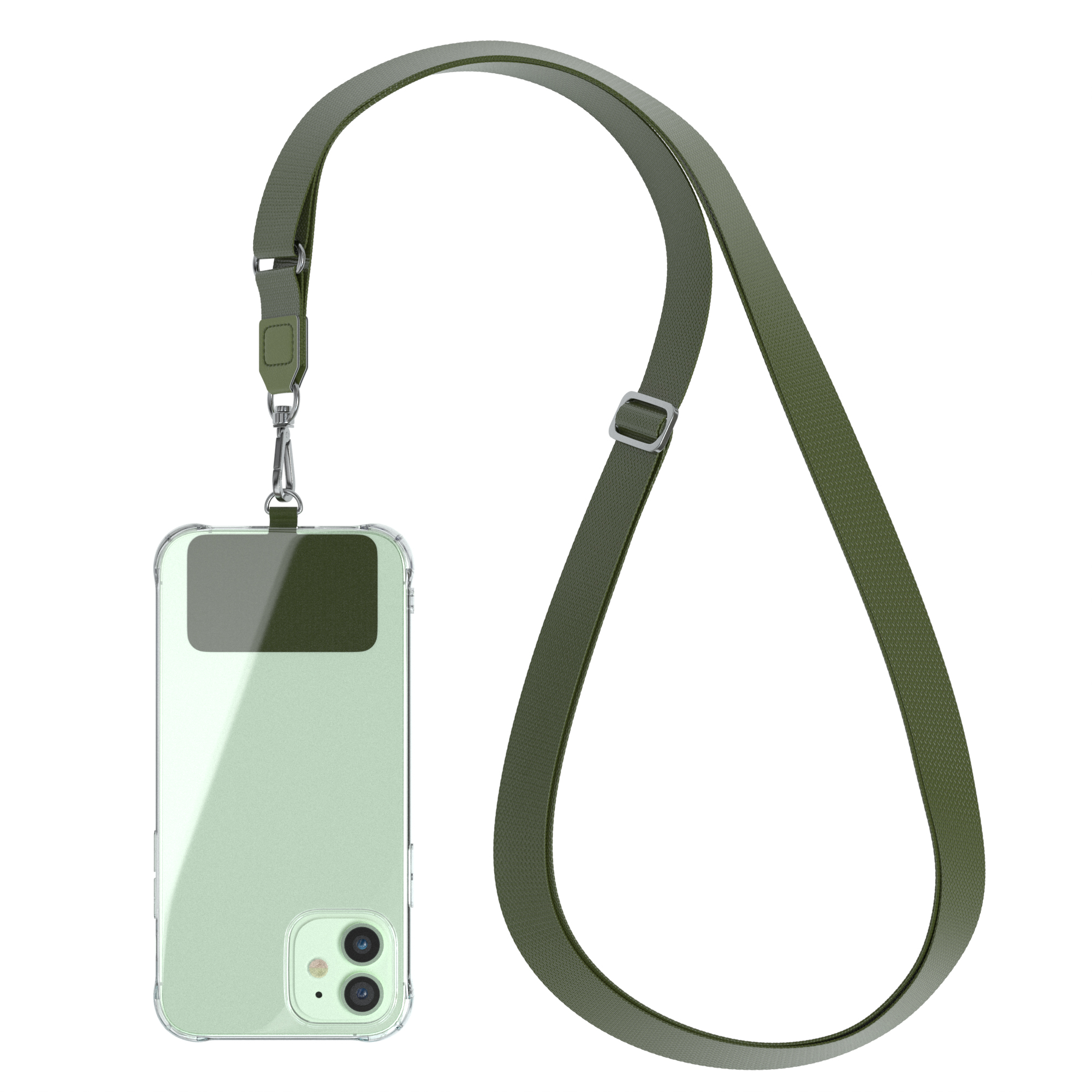 Grüne Handyhülle mit Lanyard, transparentes Telefon und olivgrüner Riemen, weißer Hintergrund.