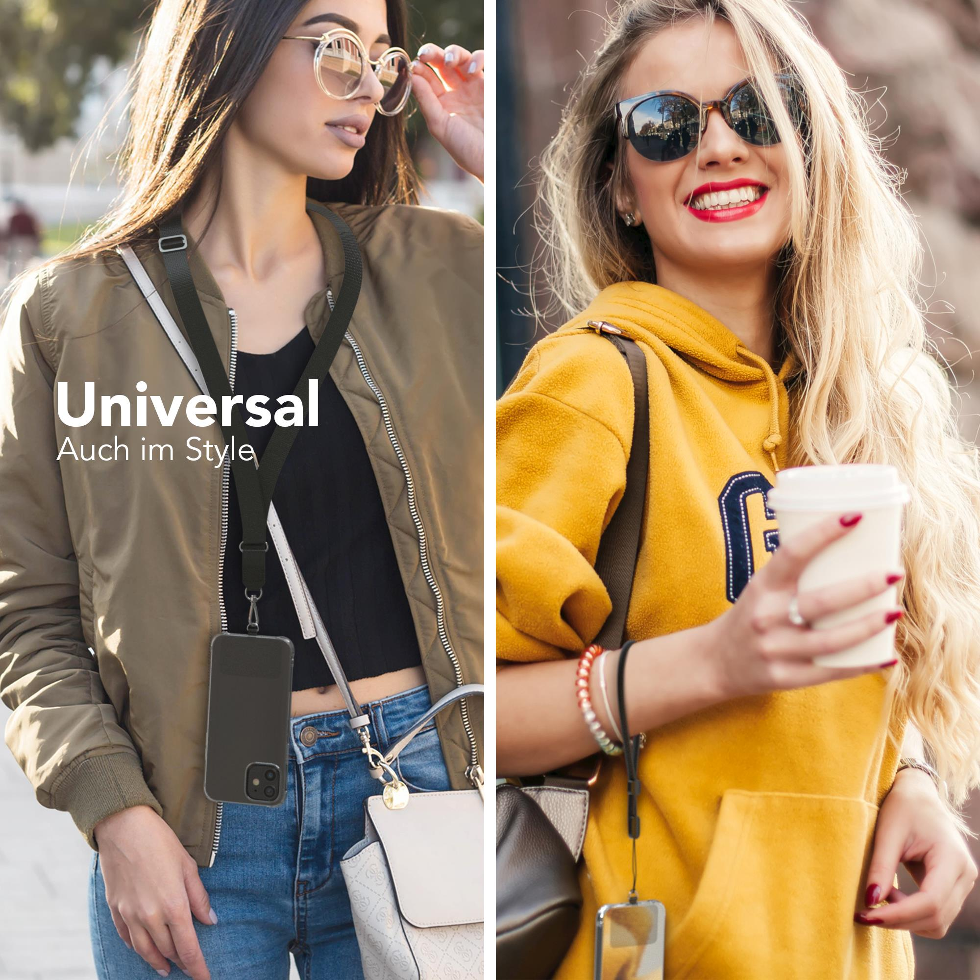 Zwei Frauen mit Handys an Lanyards, eine mit Sonnenbrille und Jacke, die andere mit gelbem Oberteil.