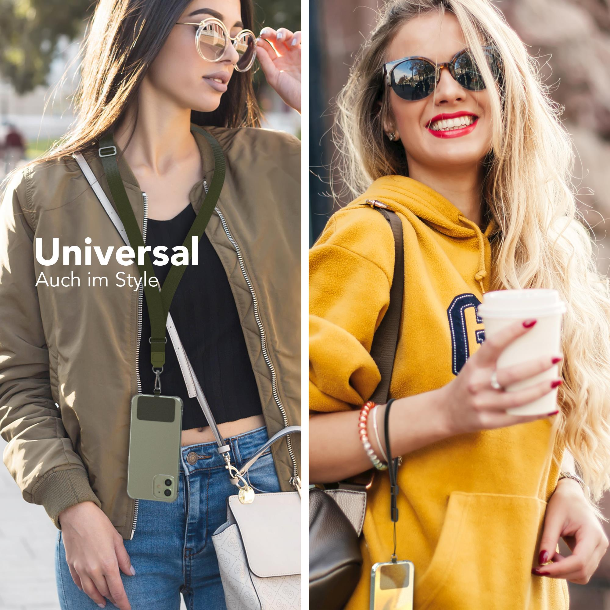 Zwei Frauen mit Handy-Umhängen. Eine in Olivgrün, die andere in Gelb. Text: Universal.