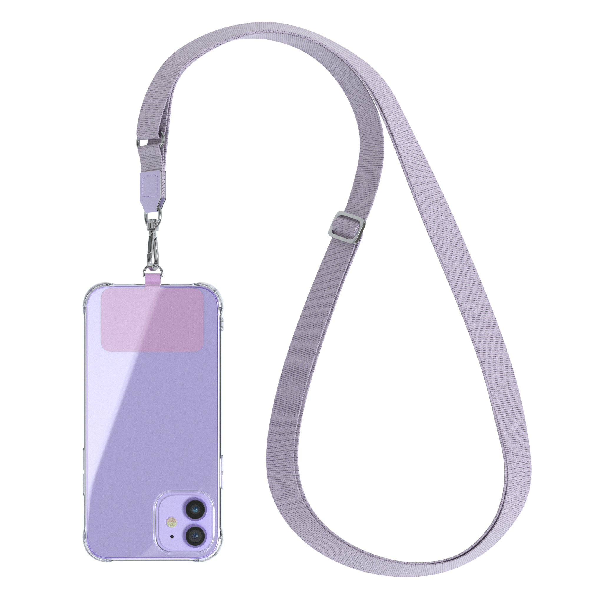 Transparente Handyhülle mit lila Lanyard. Eine Karte ist im Case sichtbar. Weißer Hintergrund.