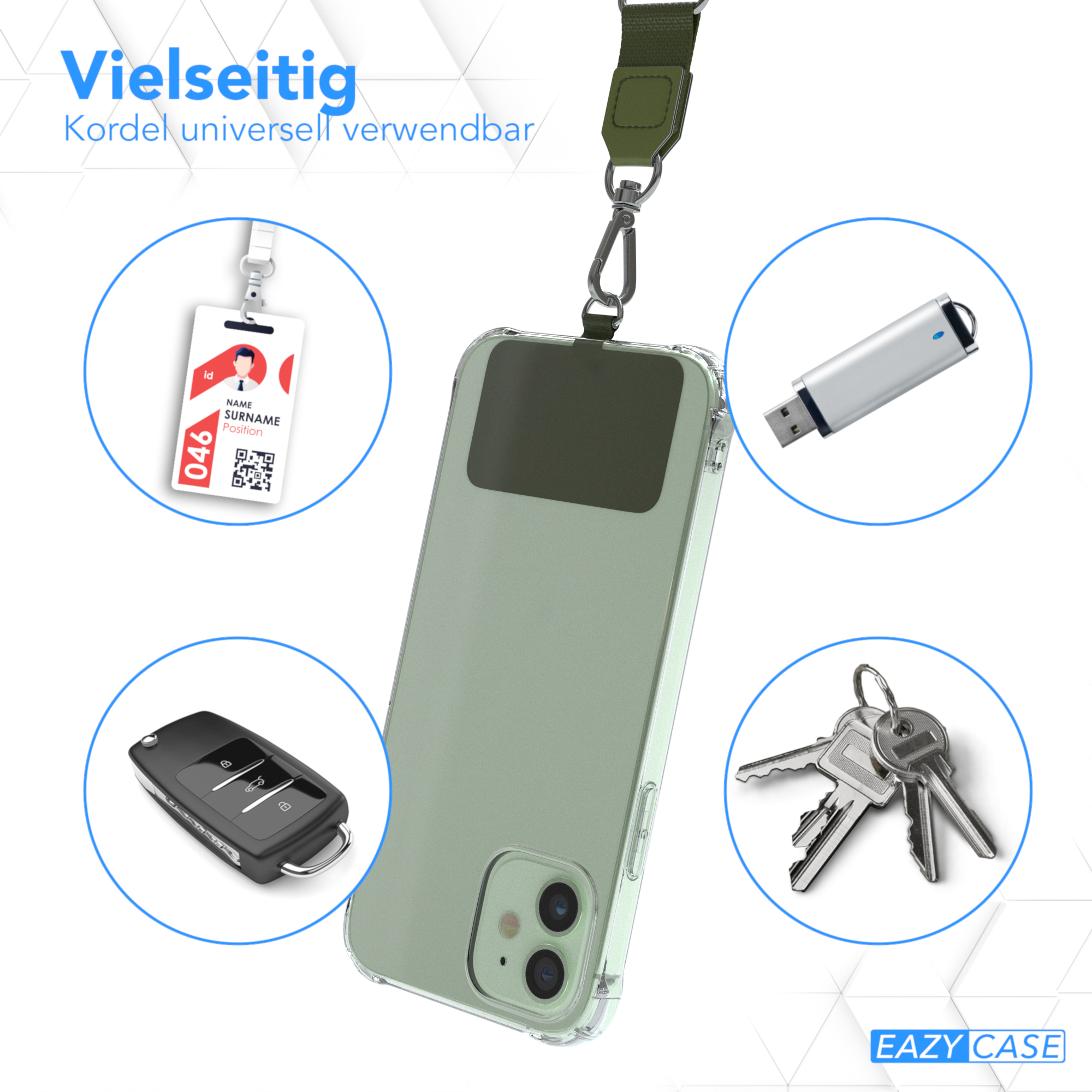 Ein Telefon mit Zubehör: Schlüssel, Ausweis, USB-Stick und Autoschlüssel. Blauer Hintergrund.