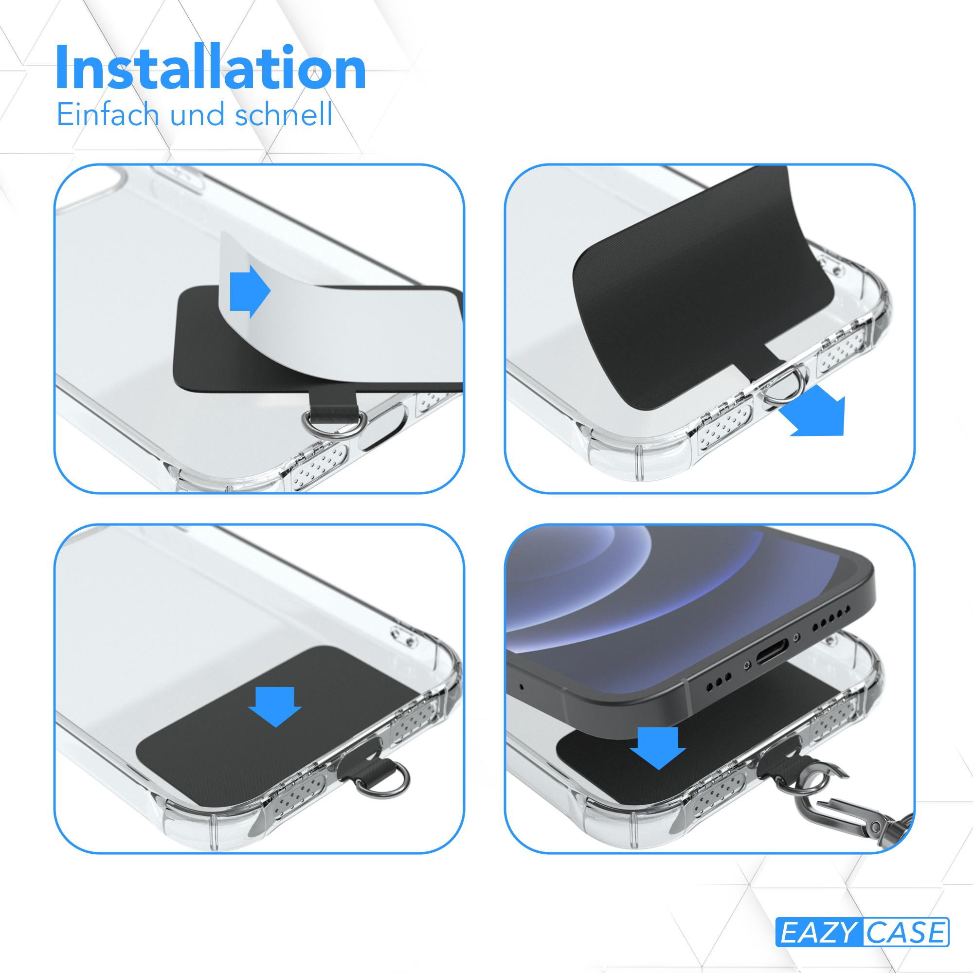 Vier Bilder, die die Installationsschritte einer Handyhülle zeigen, mit Pfeilen, die auf jeden Schritt zeigen.